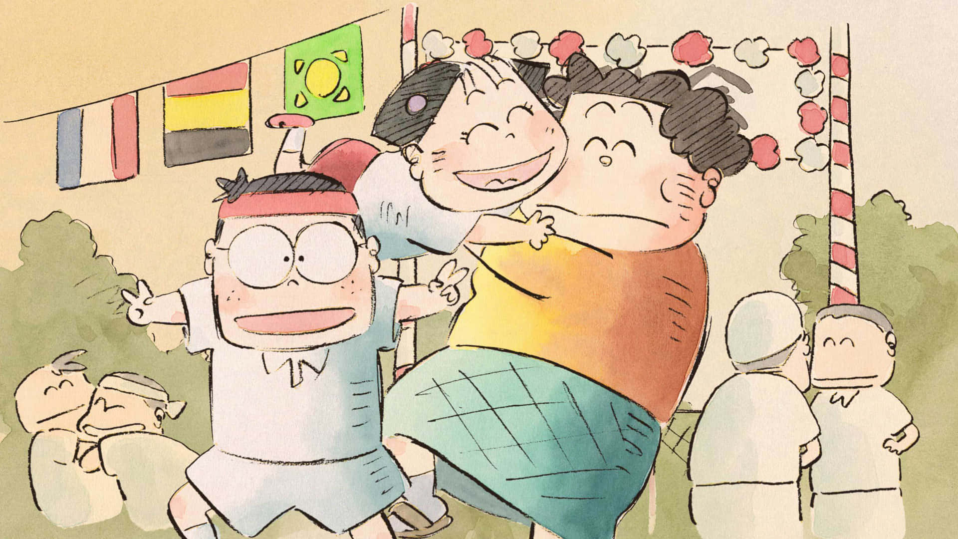 My Neighbors The Yamadas 桌布 壁紙 — 兩個孩子快樂地擁抱，而一個戴眼鏡的男孩在節日旗幟和歡呼的觀眾面前歡呼。