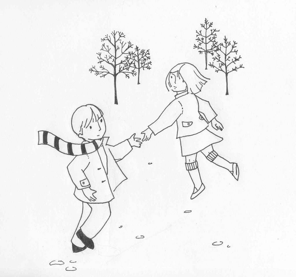 bridge 桌布 壁紙 — 兩個孩子手牽手，在背景有光禿樹木的雪地裡跳躍。