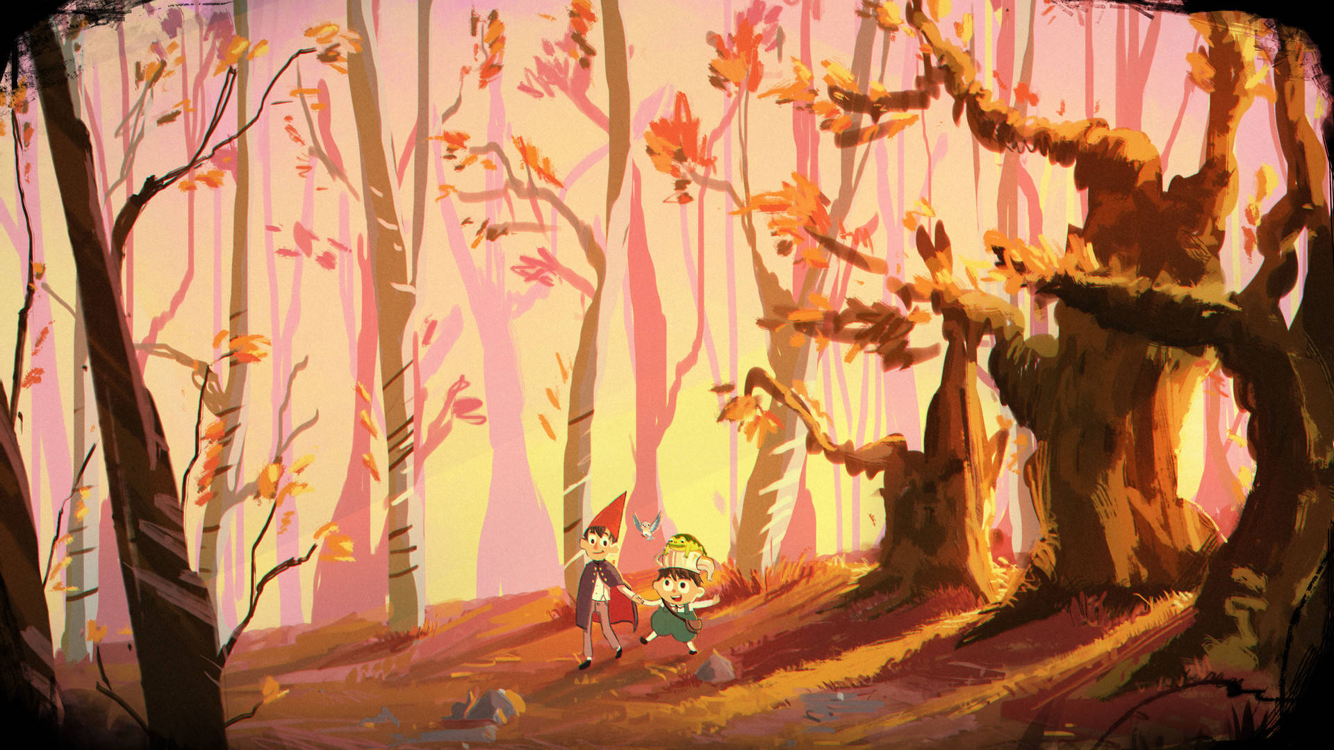 over the garden wall 桌布 壁紙 — 兩個孩子手牽手穿過一個沐浴在溫暖金色光芒中的夢幻秋日森林。