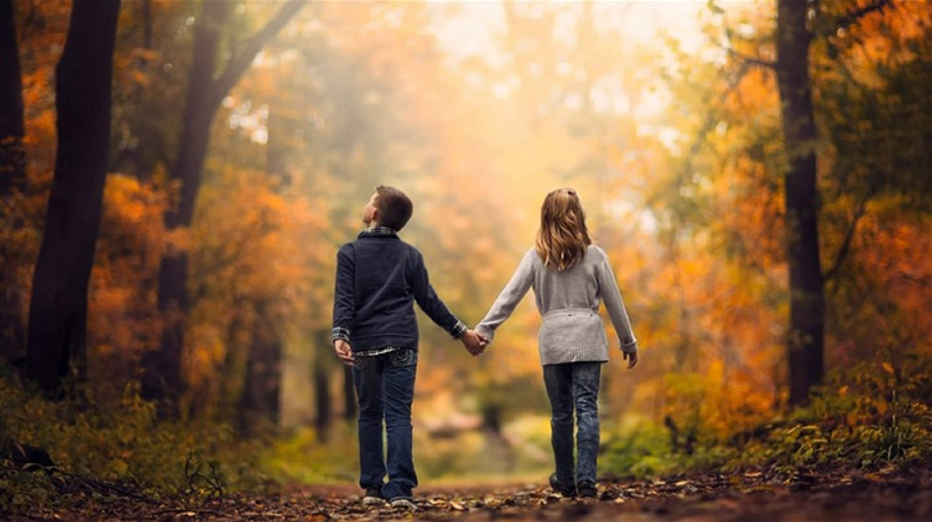 Romantic Love 桌布 壁紙 — 兩個孩子手牽手走在陽光普照的秋日森林小徑上，周圍是金色的樹葉。