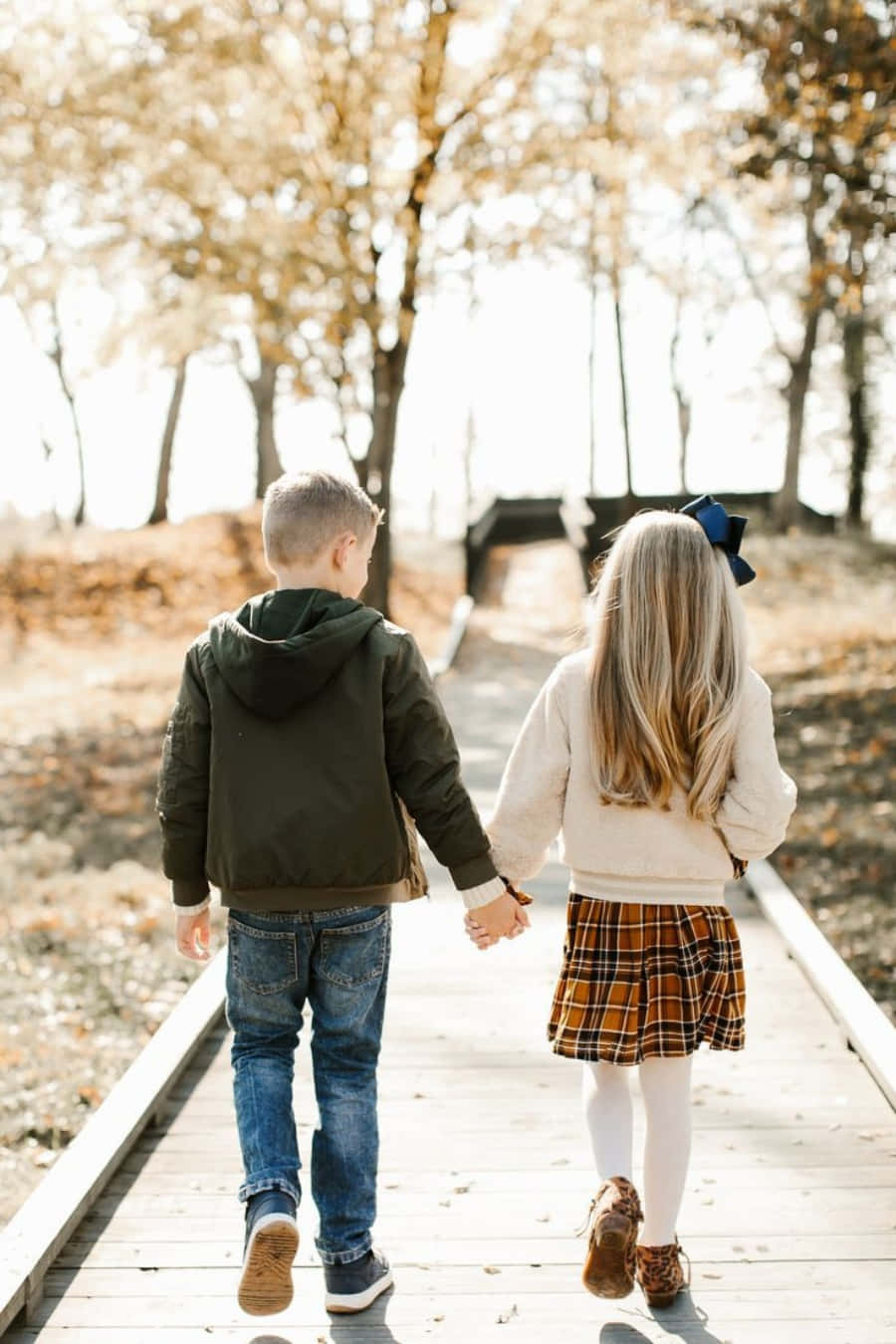Brother And Sister 桌布 壁紙 — 兩個孩子手牽手走過陽光明媚的秋日森林中的木橋。