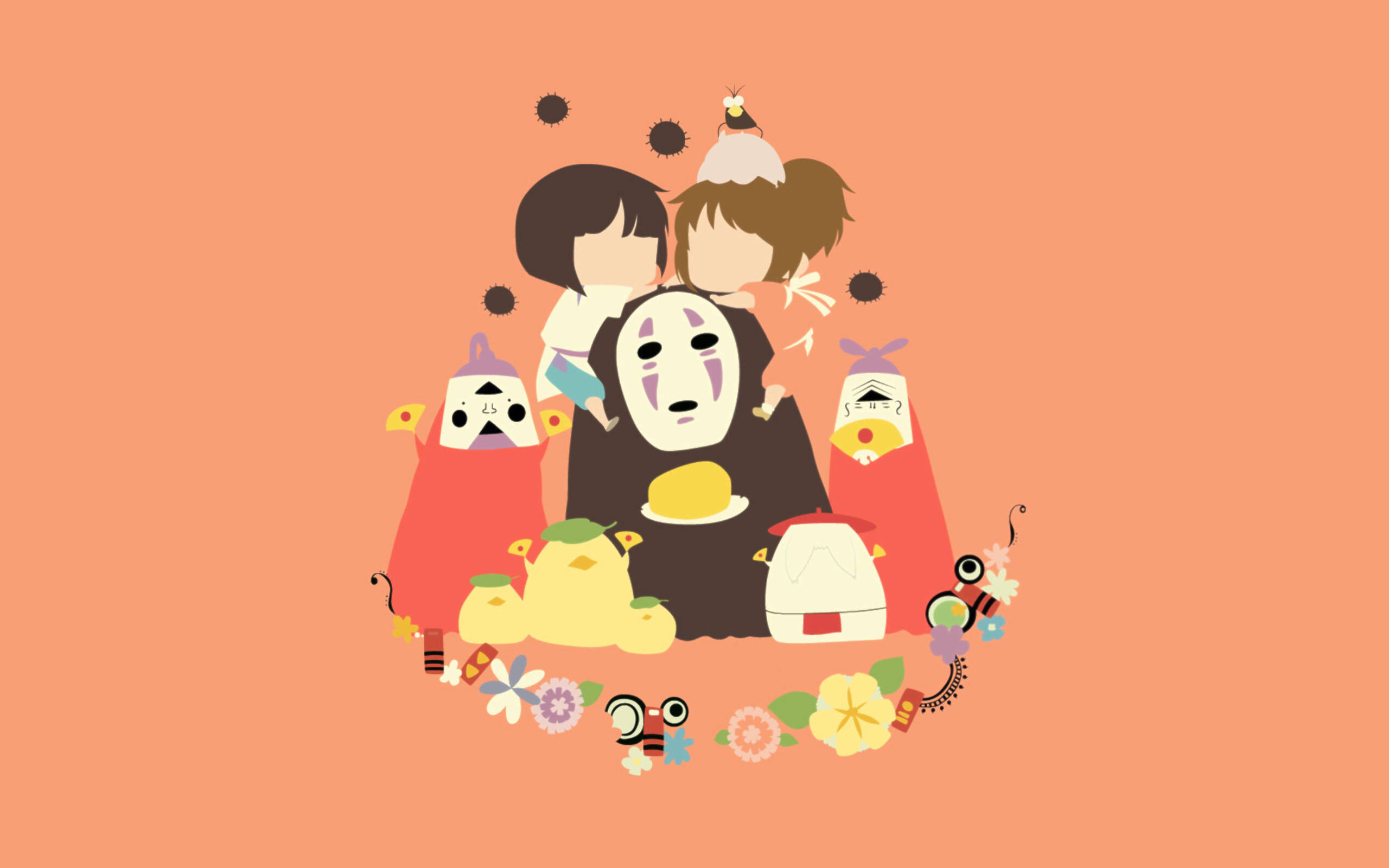 No Face 桌布 壁紙 — 兩個孩子擁抱一個戴面具的人物，周圍是奇幻的日本精靈和花朵，背景是溫暖的桃色。