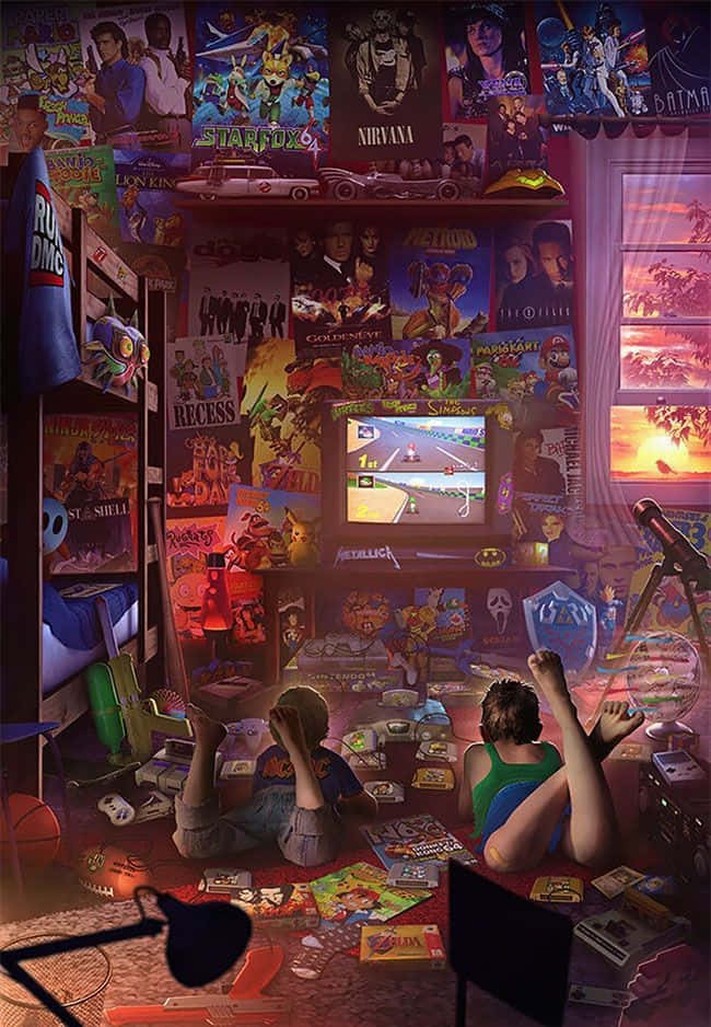 nostalgic 桌布 壁紙 — 兩個孩子攤在一個凌亂的地板上，在一個充滿活力的復古遊戲室裡，被窗戶的夕陽光照著。