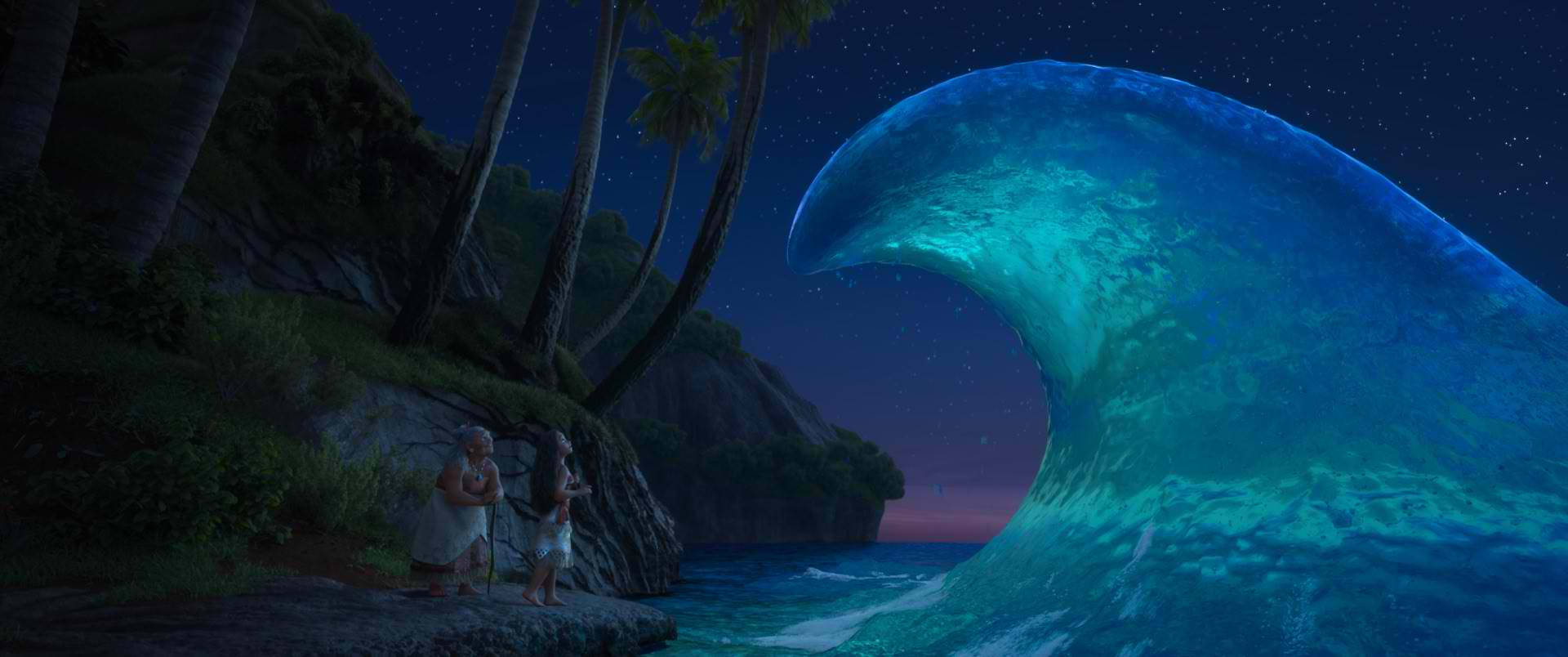 海洋奇緣 桌布 壁紙 — 兩個孩子敬畏地凝視著在棕櫚樹旁的星空下翻騰的巨大藍色發光波浪。