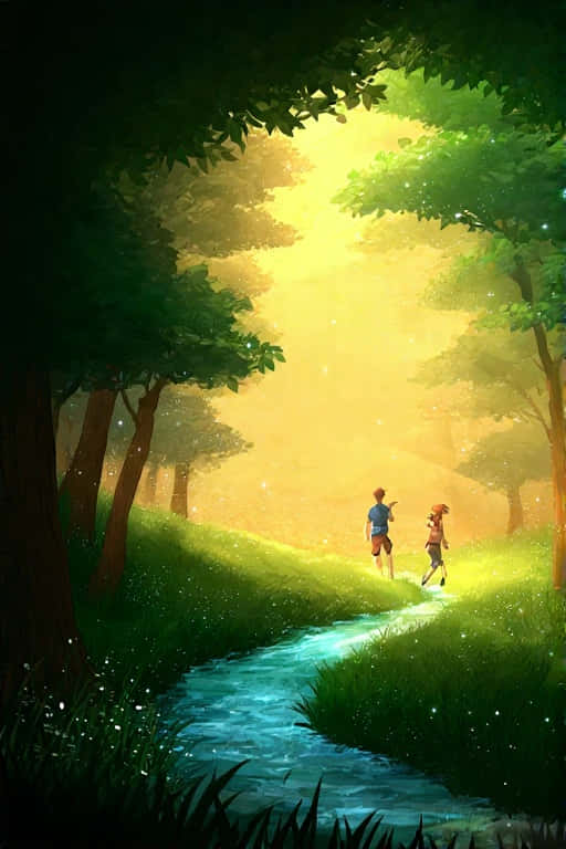 Dreamy Aesthetic Wildflower Hills Wallpaper 壁紙 — 兩個孩子沿著發光的溪流穿過陽光明媚的森林，閃爍的粒子漂浮在金色的光芒中。