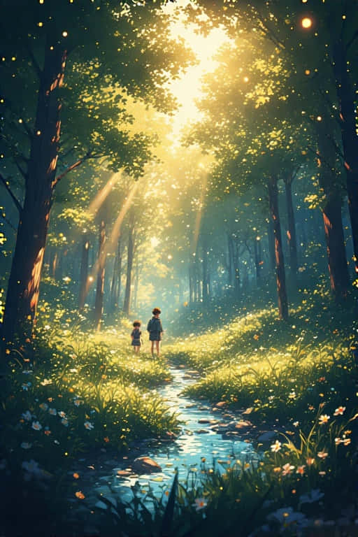 Dreamy Aesthetic Wildflower Hills Wallpaper 壁紙 — 兩個孩子沿著陽光明媚的森林小徑行走，旁邊是一條清澈的小溪，周圍是高聳的樹木和斑駁的光影。