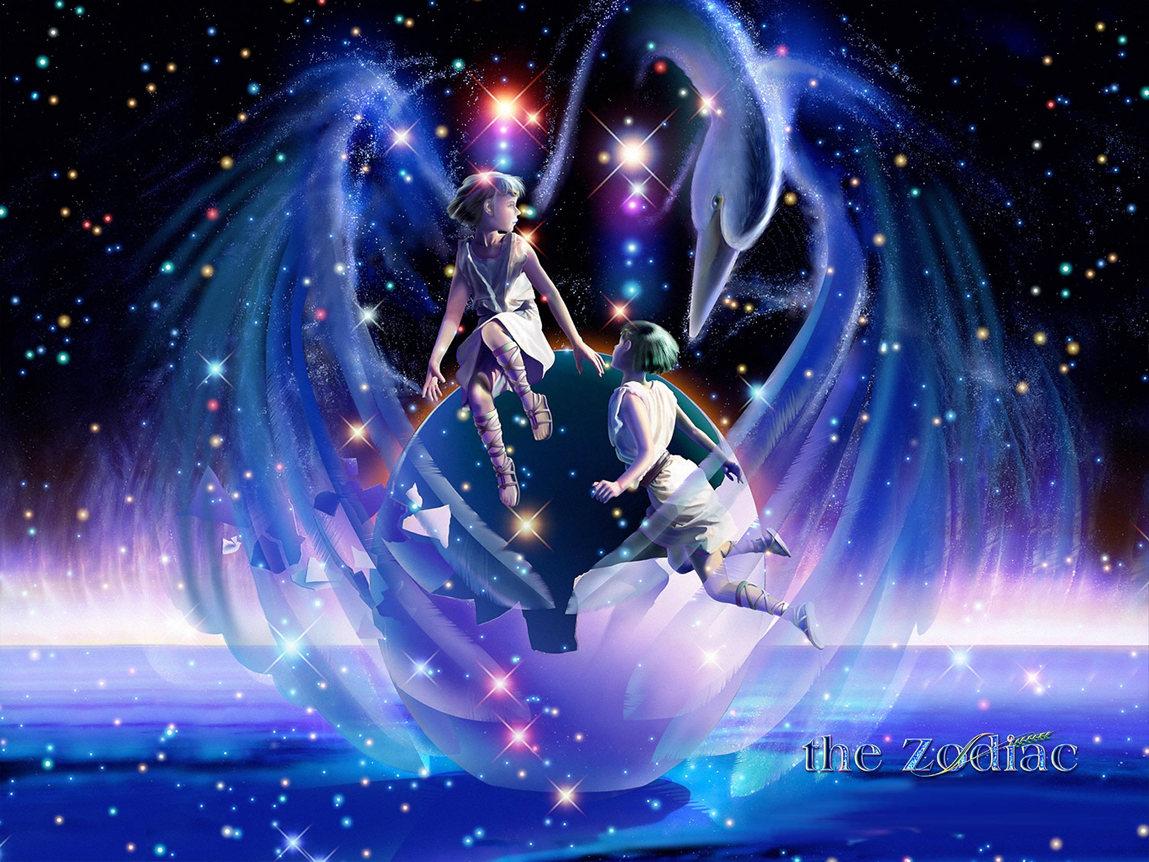 gemini 桌布 壁紙 — 兩個孩子漂浮在發光的宇宙球體上，被一隻雄偉的星光天鵝擁抱著，背景是充滿活力的星空夜空。