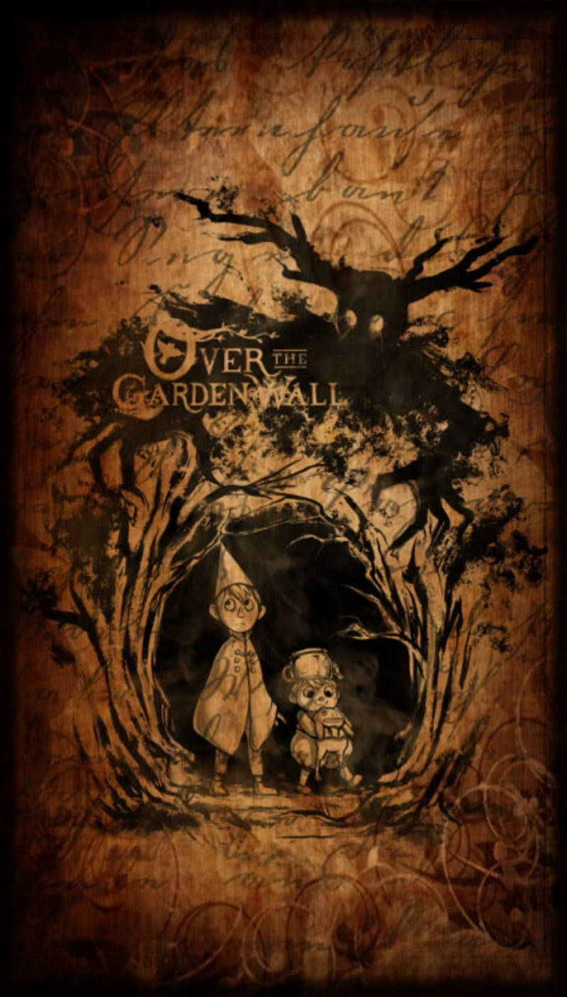 over the garden wall 桌布 壁紙 — 兩個孩子站在一個黑暗扭曲的樹木隧道入口處，呈現於一幅棕褐色調的插圖海報中。