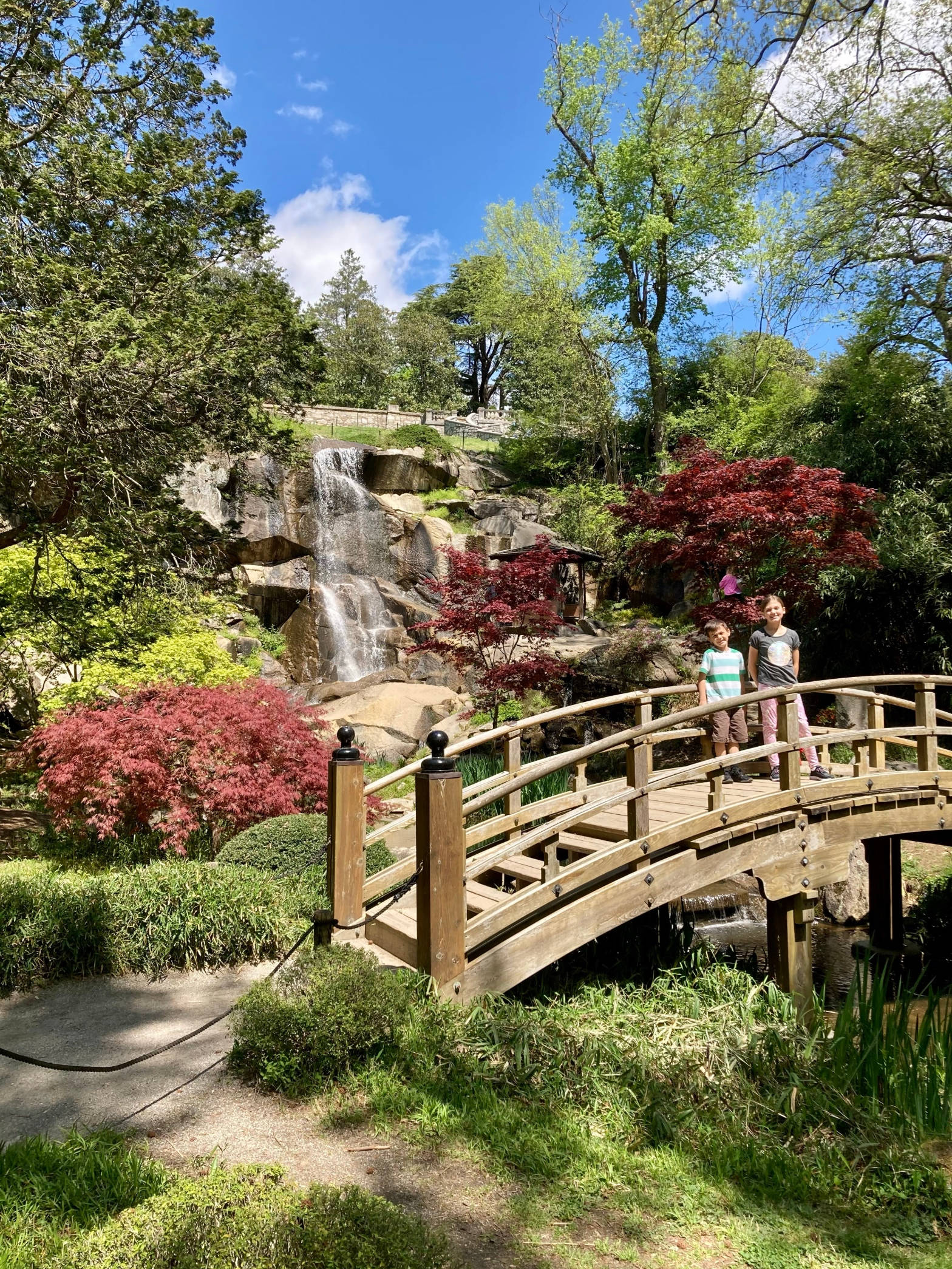 Virginia 桌布 壁紙 — 兩個孩子站在一座木橋上，俯瞰著被鮮紅和翠綠樹葉環繞的層疊瀑布，背景是明亮的藍天。