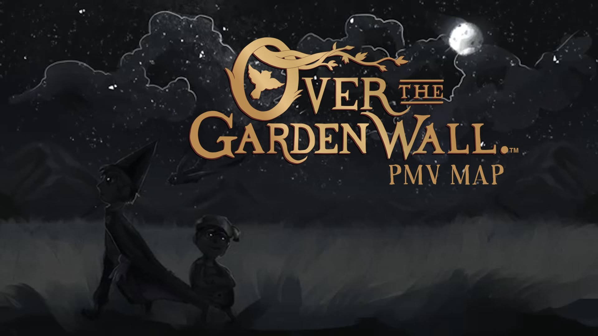 over the garden wall 桌布 壁紙 — 兩個孩子站在星空夜空下，在發光的月亮和華麗的金色標題下形成剪影。