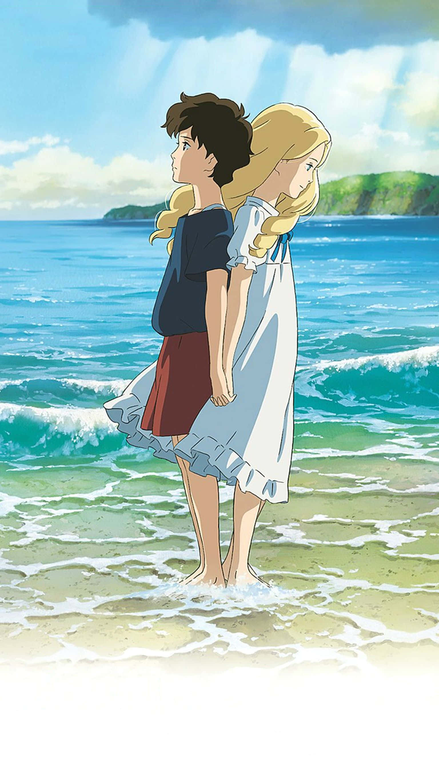 Studio Ghibli Phone 桌布 壁紙 — 兩個孩子背對背站在淺淺的海浪中，頭頂是明亮的藍天，遠處有綠色的山丘。