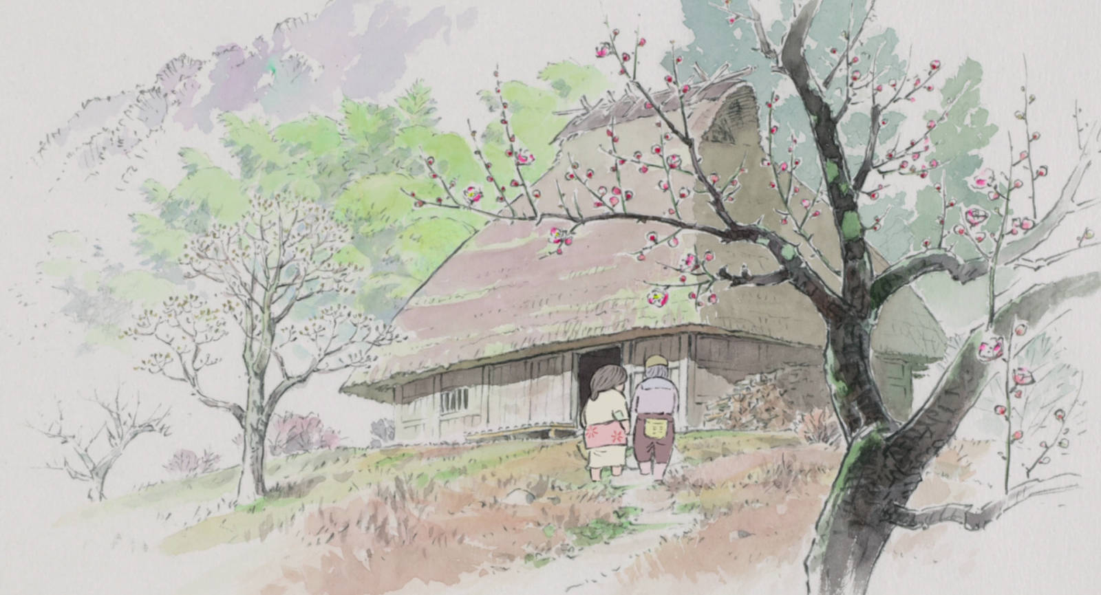 Studio 桌布 壁紙 — 兩個孩子走向一間被盛開櫻花樹環繞的茅草屋頂小屋，呈現柔和的水彩色調。
