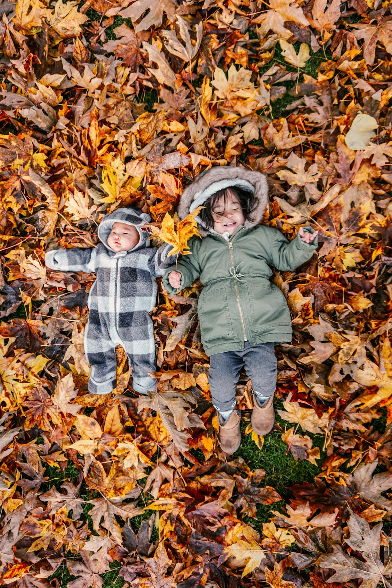 Beautiful Autumn 桌布 壁紙 — 兩個孩子躺在公園裡充滿活力的秋天楓葉地毯上，微笑著睡著了。