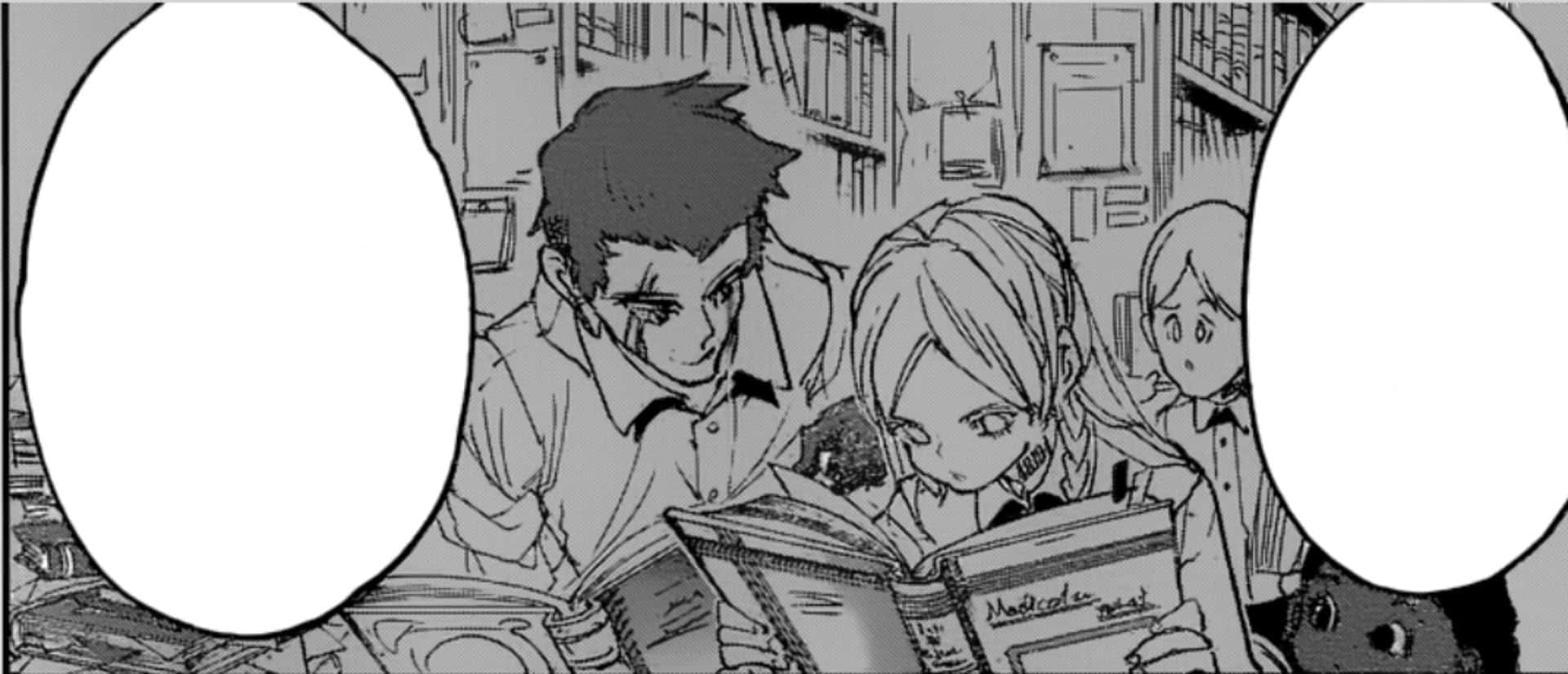 The Promised Neverland Lucas 桌布 壁紙 — 兩個學生在雜亂的圖書館中，被書架包圍，專注地研讀一本書。