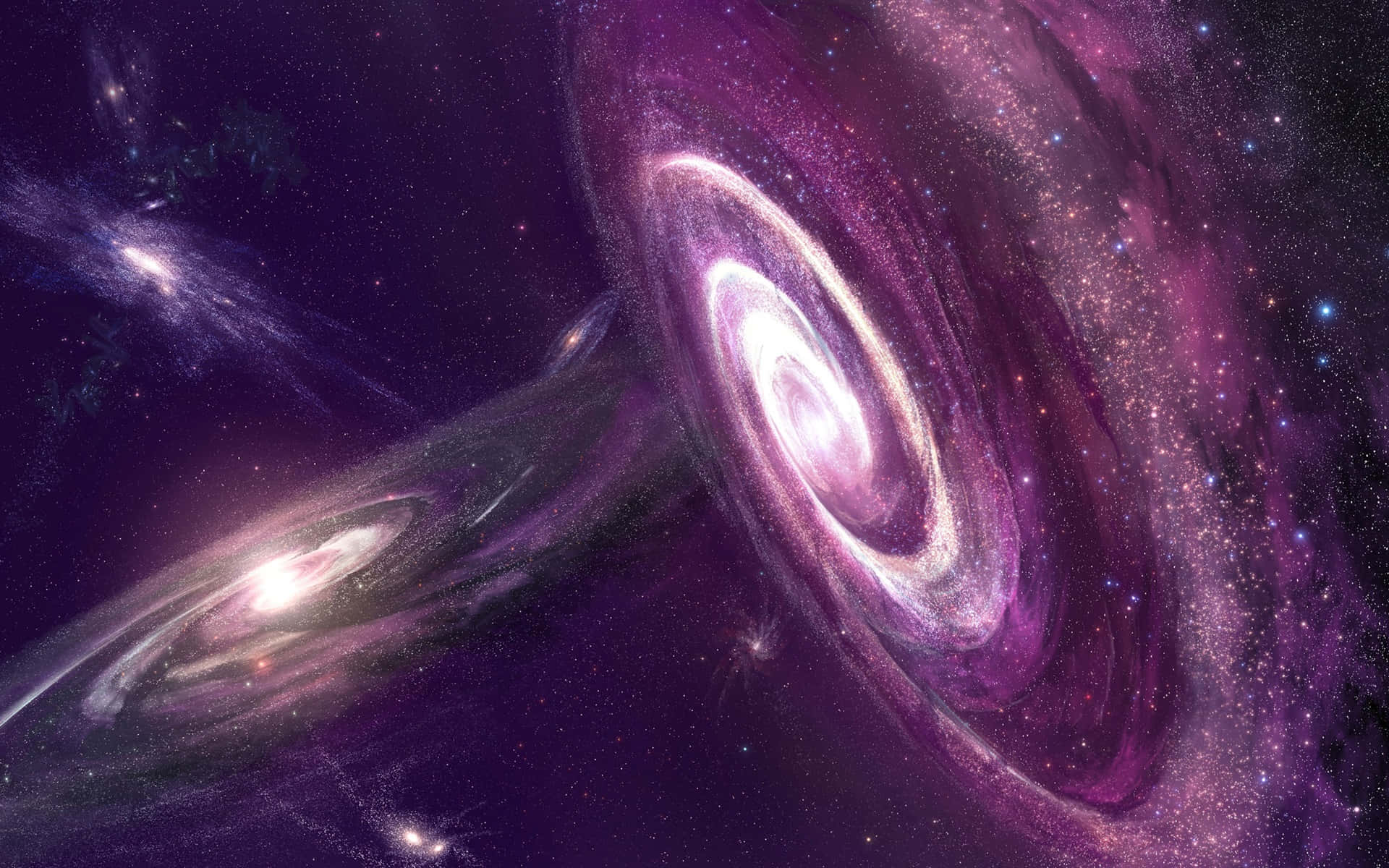 紫色銀河 桌布 壁紙 — 兩個宏偉的螺旋星系在深紫色和粉紅色的宇宙塵埃中旋轉，背景是星場。