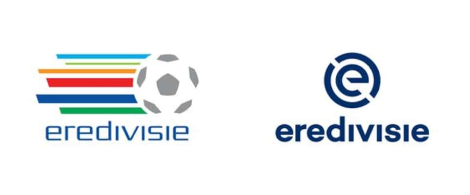 Eredivisie 桌布 壁紙 — 兩個官方荷甲標誌並排放置，一個帶有彩色條紋和足球，另一個是簡約的藍色圓形設計。