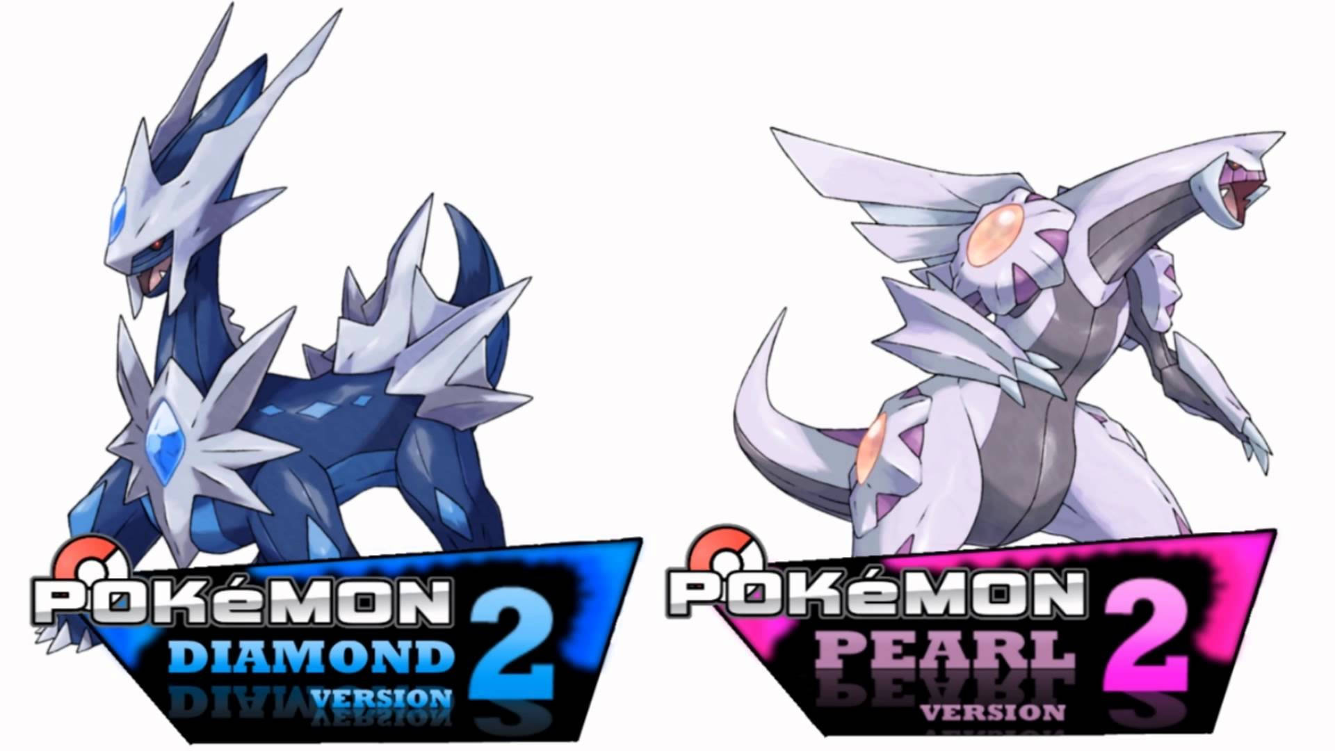 Dialga 桌布 壁紙 — 兩個寶可夢角色，帝牙盧卡和帕路奇亞，自豪地站在他們的遊戲版本標誌旁邊，背景是乾淨的白色。