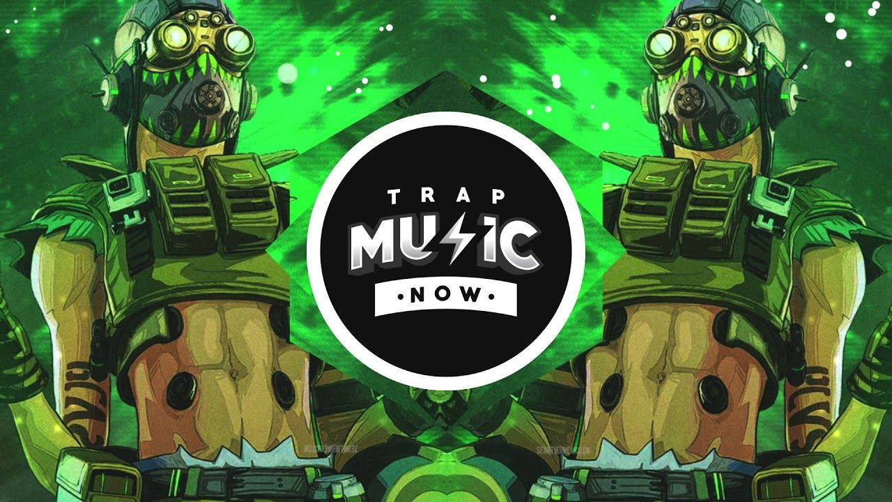 兩個戴著發光護目鏡的裝甲人物，在綠色宇宙背景前分立於 'Trap Music Now' 標誌兩側。 — Apex 英雄 GIF 壁紙