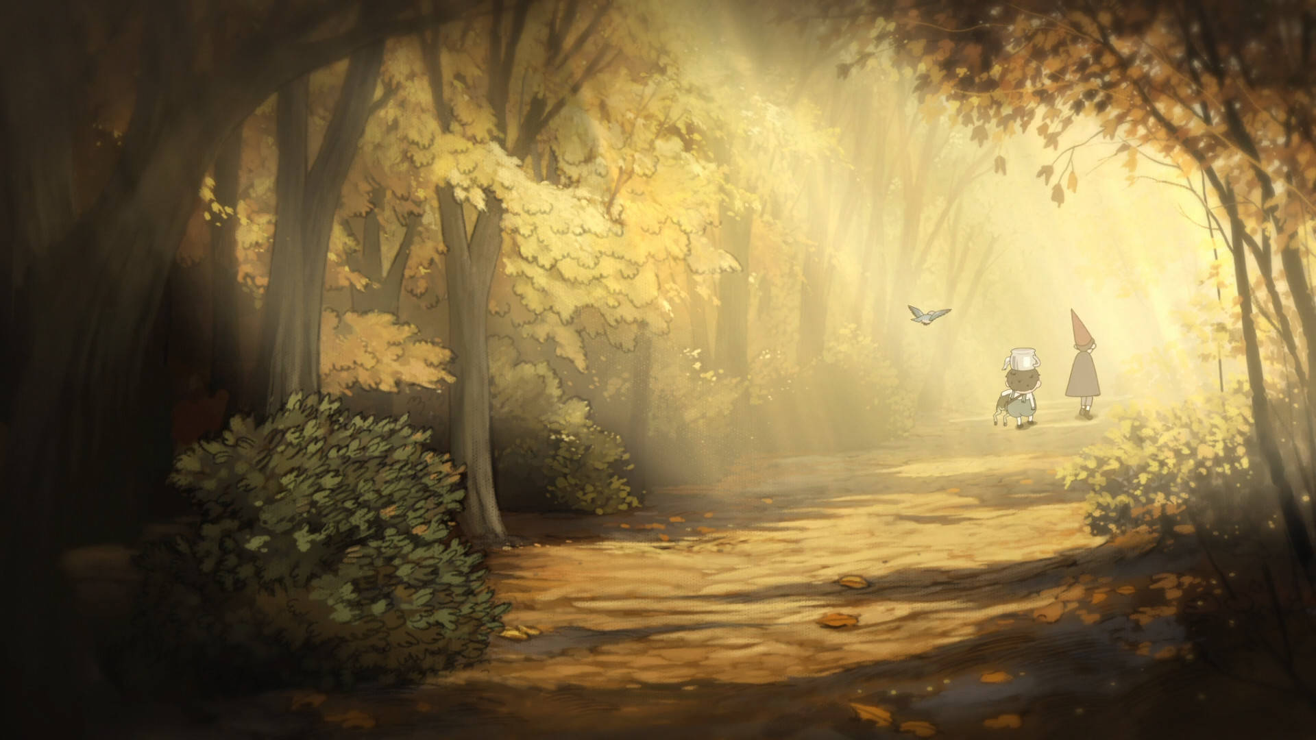 over the garden wall 桌布 壁紙 — 兩個小人影沿著陽光明媚的秋日森林小徑行走，金色的光線穿過樹木。