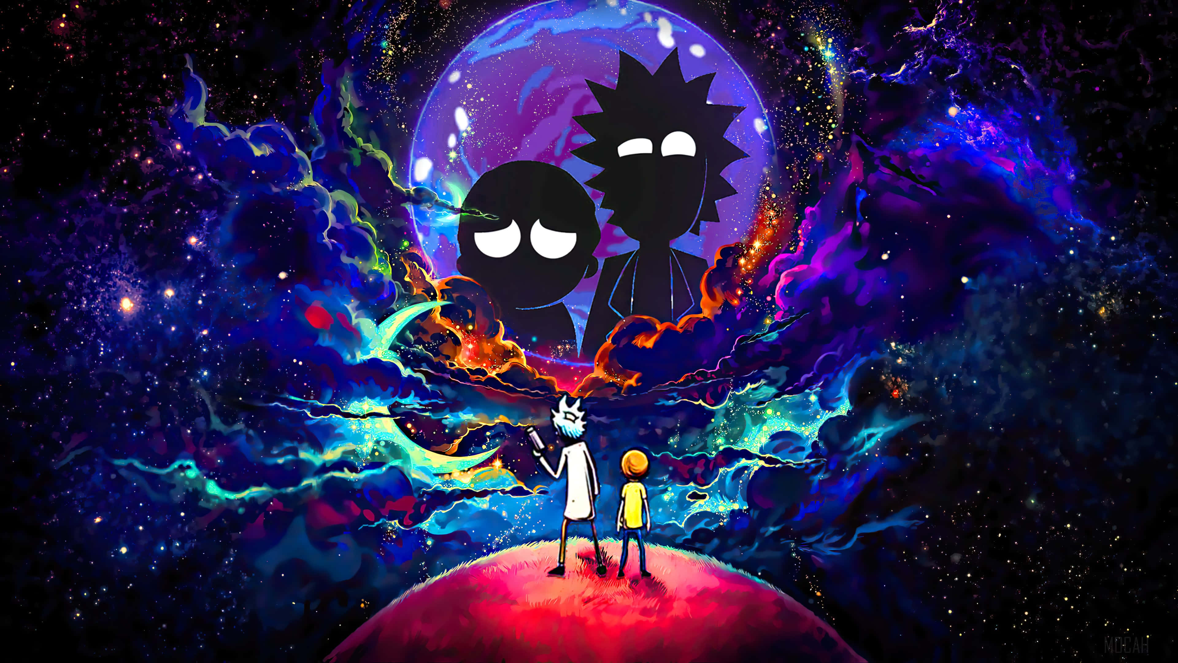 瑞克和莫蒂 桌布 壁紙 — 兩個小人物站在一顆紅色星球上，仰望在旋轉宇宙星雲背景下的巨大剪影外星人。