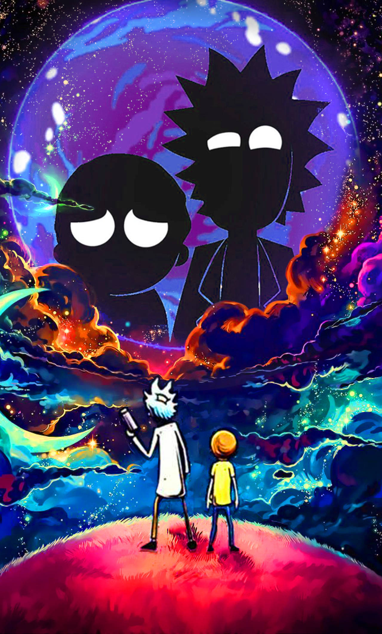 瑞克和莫蒂 桌布 壁紙 — 兩個小人站在發光的星球上，在宇宙天空下，有瑞克和莫蒂的巨大剪影，背景是旋轉的星雲。