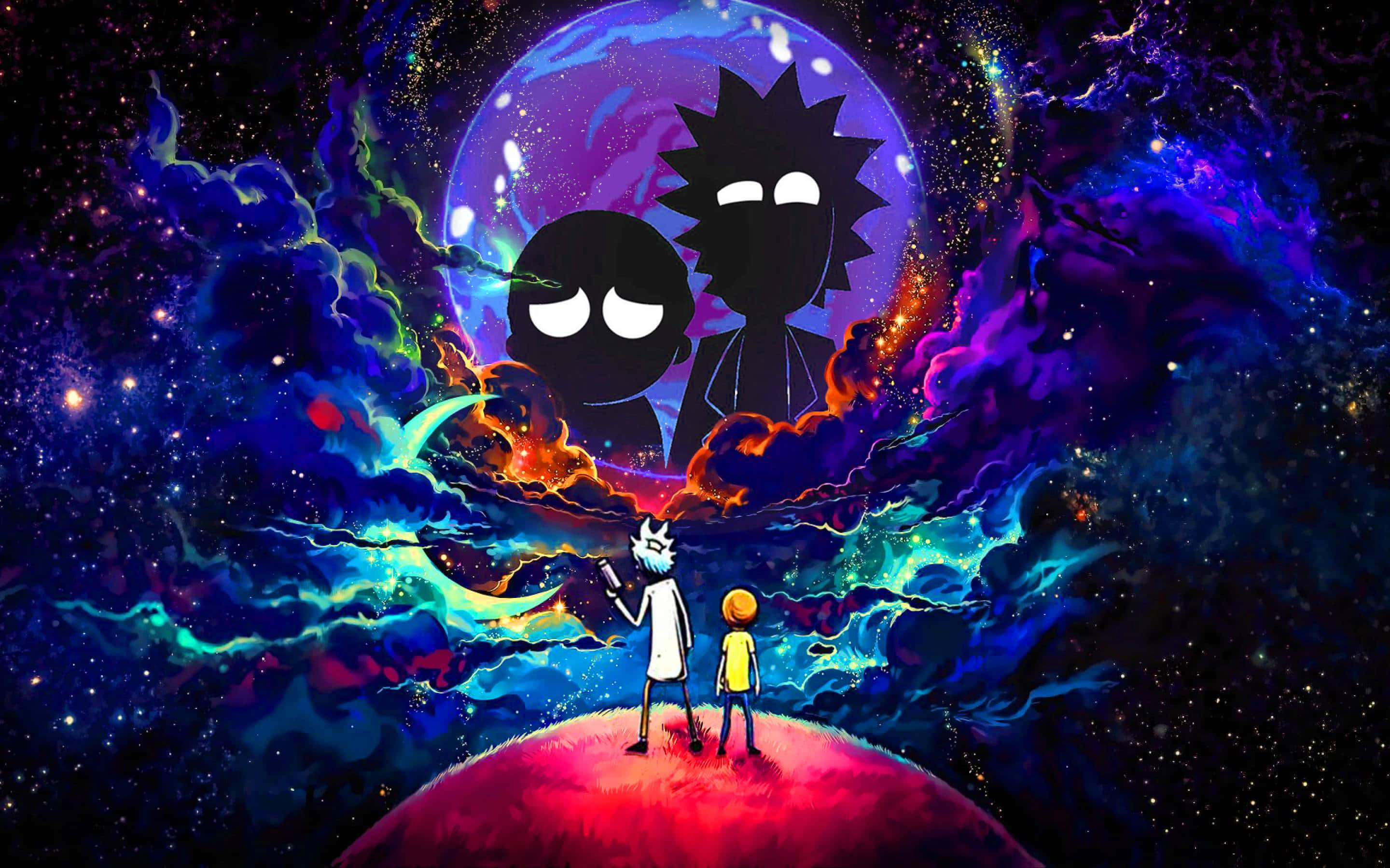 Rick And Morty Macbook 桌布 壁紙 — 兩個小人站在紅色星球上，仰望巨大剪影角色，背景是旋轉的宇宙星雲。