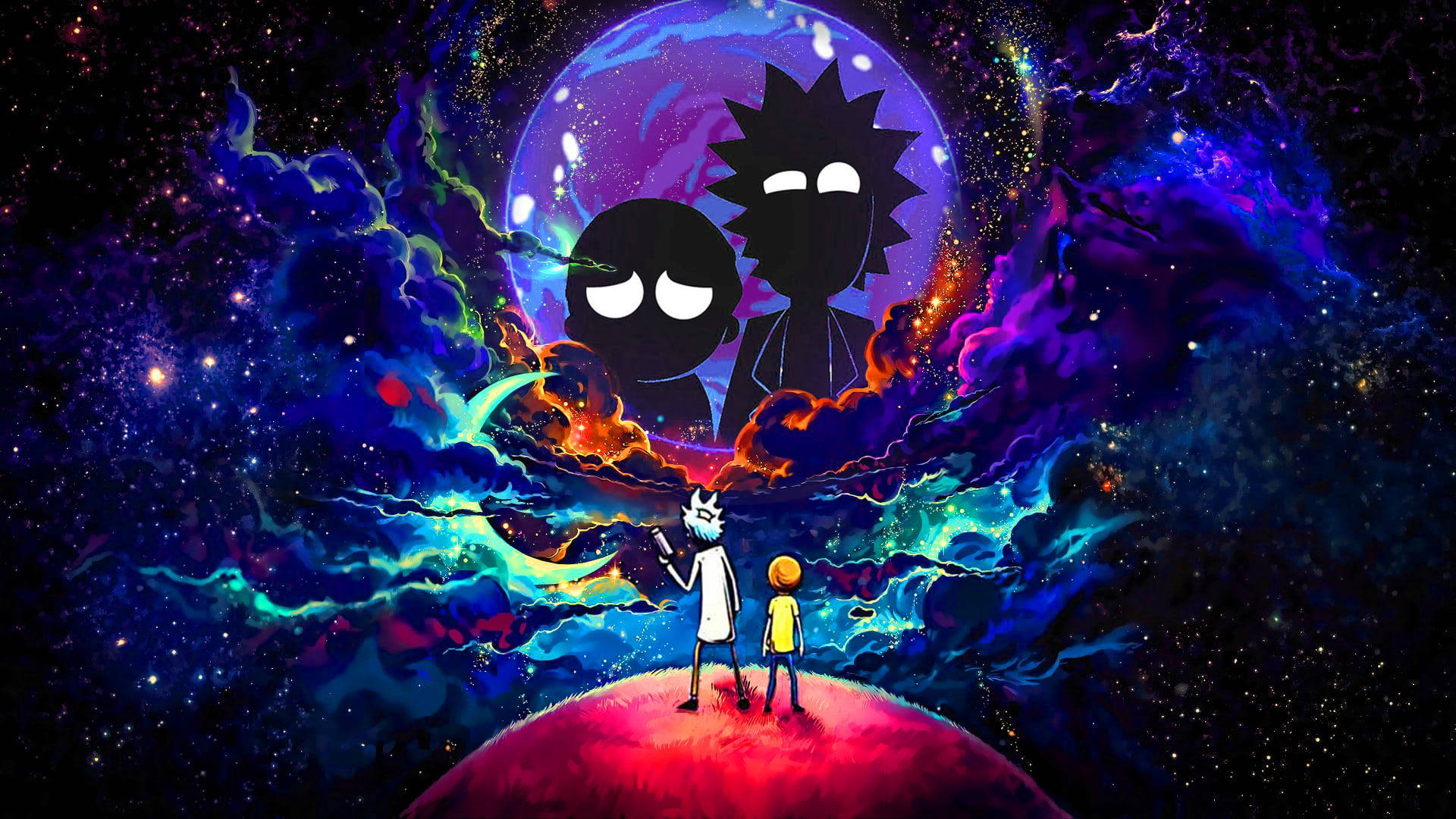 瑞克和莫蒂 桌布 壁紙 — 兩個小人站在紅色星球上，仰望巨大剪影角色，背景是旋轉的宇宙星雲。