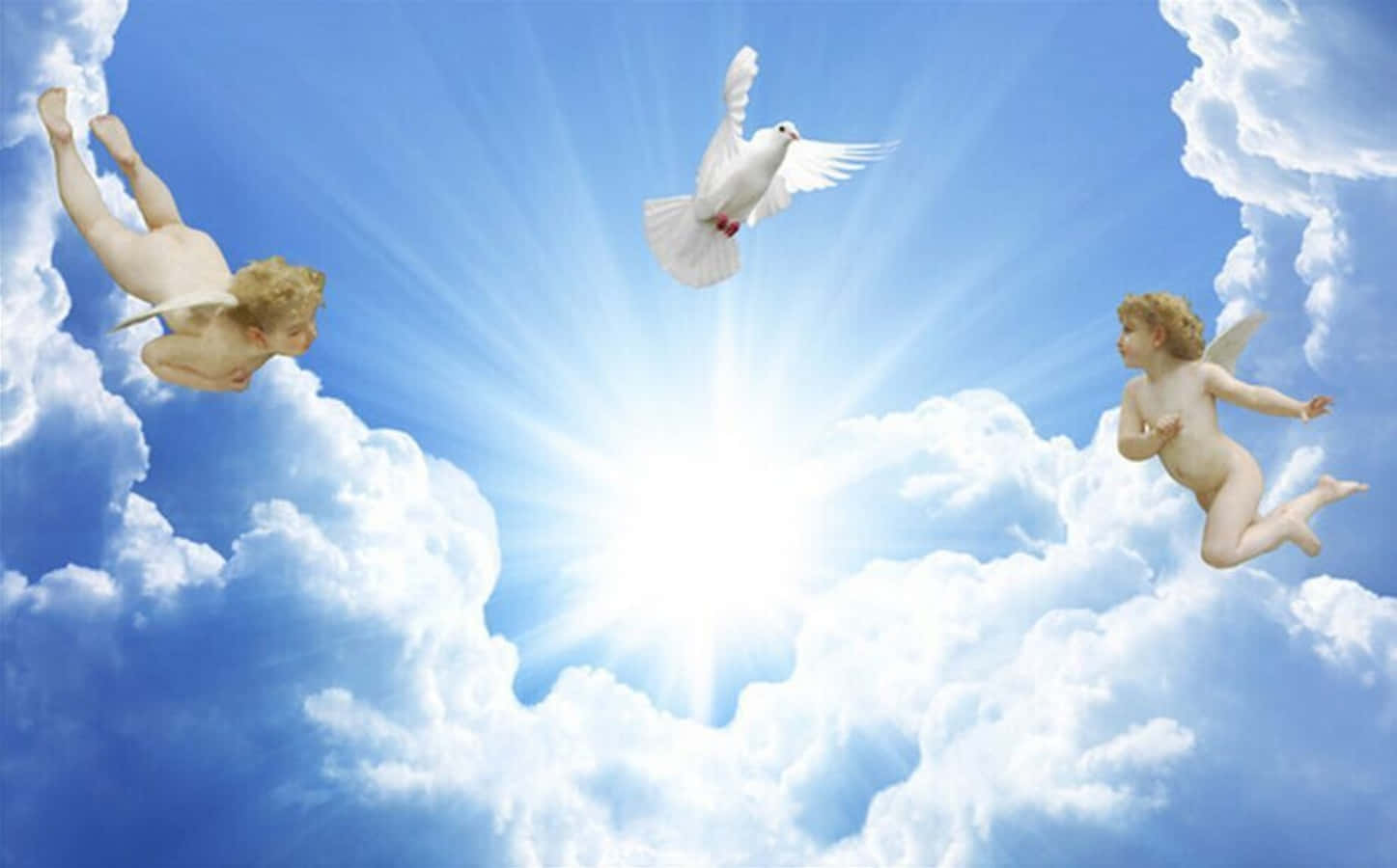 Angels Of God 桌布 壁紙 — 兩個小天使和一隻白鴿在蓬鬆的雲朵中歡快地飛翔，背景是湛藍的天空和明亮的陽光。