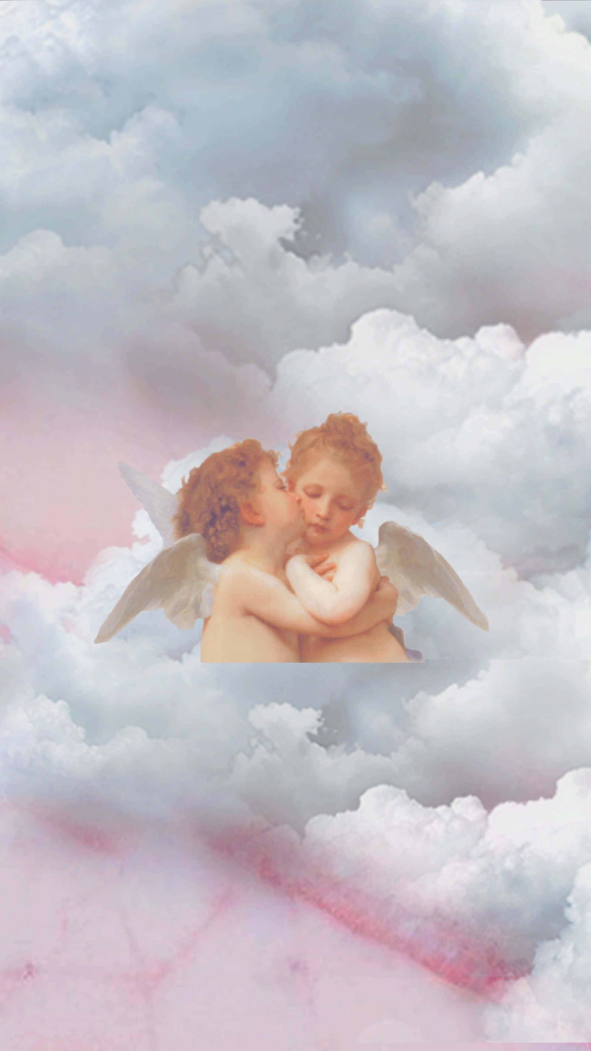 Angel Aesthetic Clouds 桌布 壁紙 — 兩個小天使在粉紅色和藍色調的柔軟雲朵中擁抱親吻。