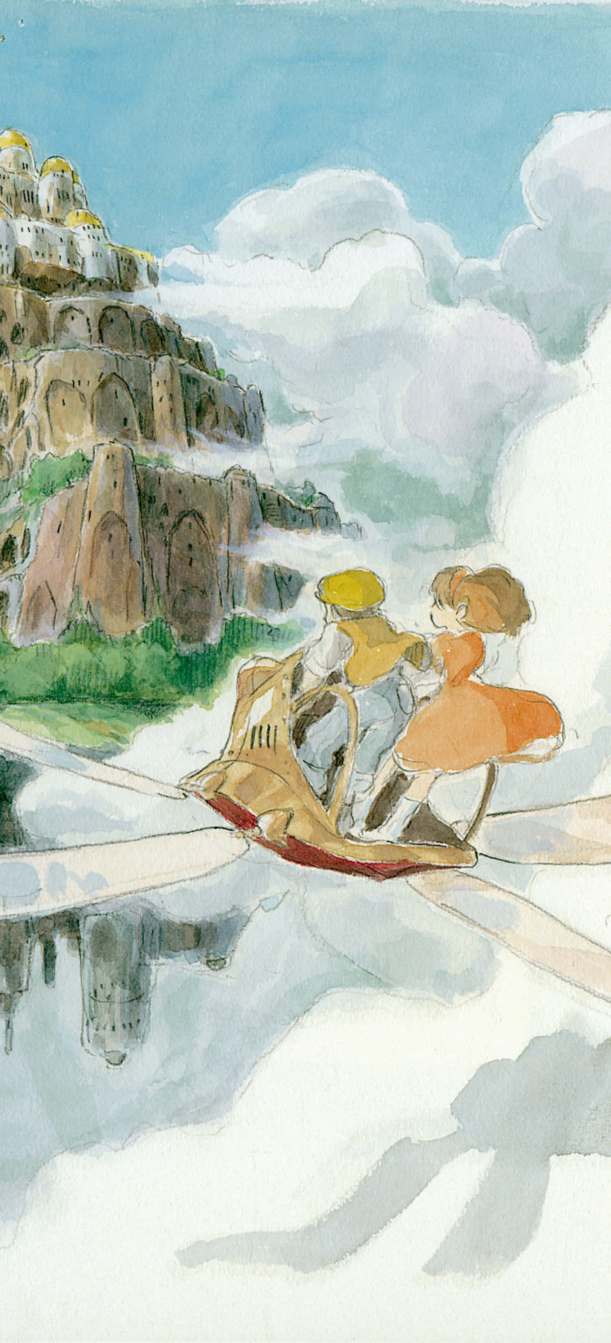 Studio Ghibli Phone 桌布 壁紙 — 兩個小孩乘坐小船穿過霧氣繚繞的雲層，下方是懸崖上的城堡。