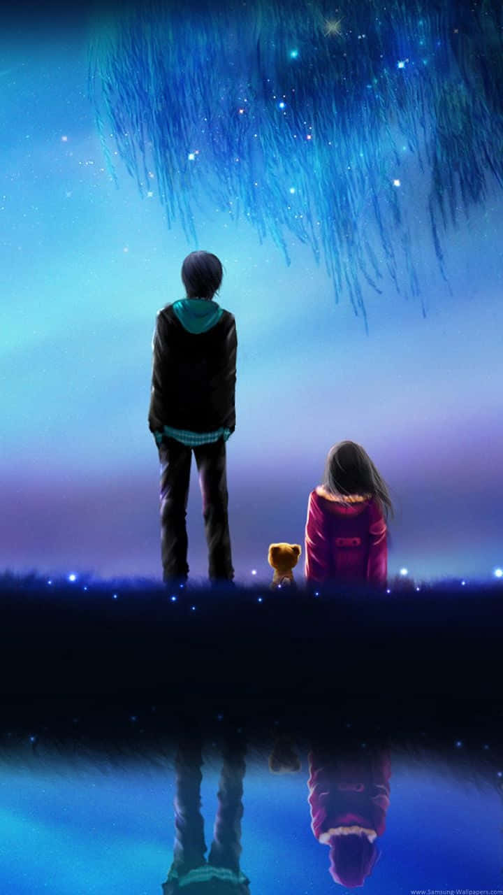 couple love 桌布 壁紙 — 兩個小孩和一隻小狗仰望星空，星空被發光的藍色樹枝框住，倒映在下面的水中。