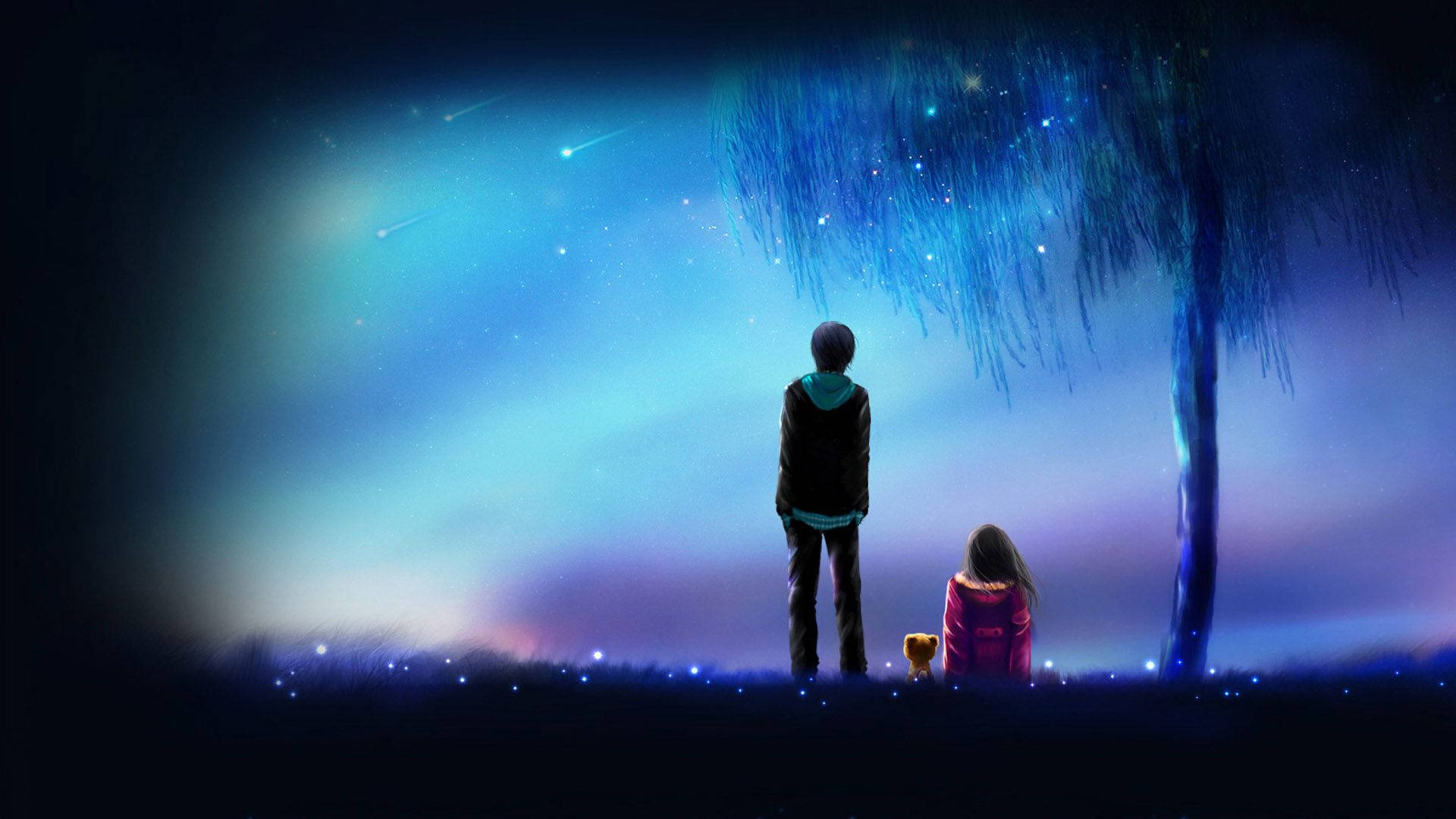 動漫愛情 桌布 壁紙 — 兩個小孩和一隻小狗在發光的藍色樹下仰望星空。