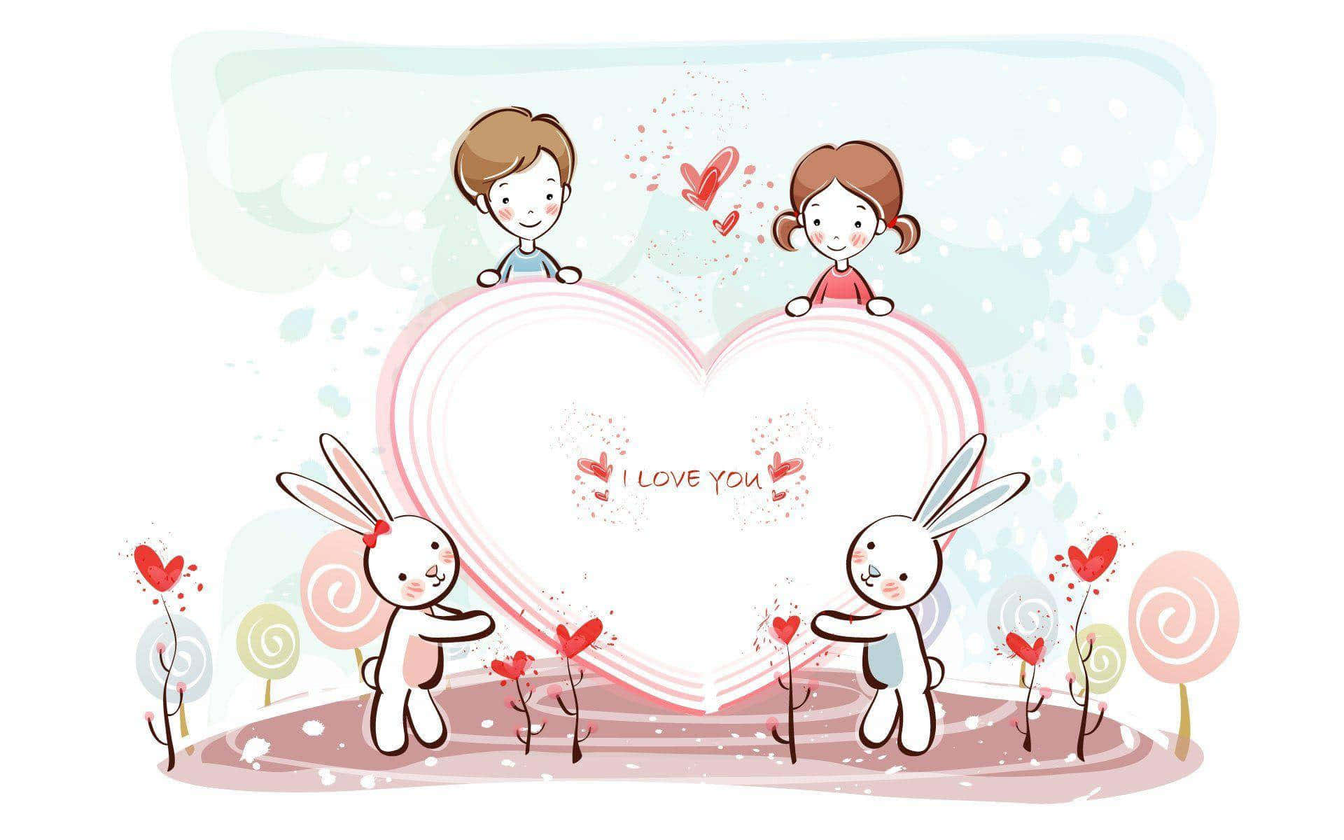 Cute Love 桌布 壁紙 — 兩個小孩和兩隻兔子拿著一個巨大的心形，上面寫著「I LOVE YOU」，周圍環繞著糖果樹和漂浮的心形。