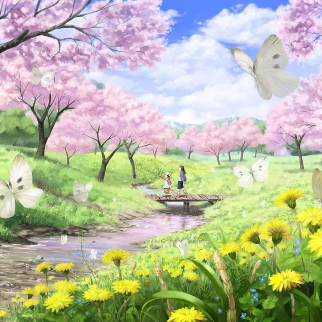 Spring Laptop 桌布 壁紙 — 兩個小孩在盛開的粉紅色櫻花樹下走過木橋，白色蝴蝶在黃色蒲公英周圍飛舞。