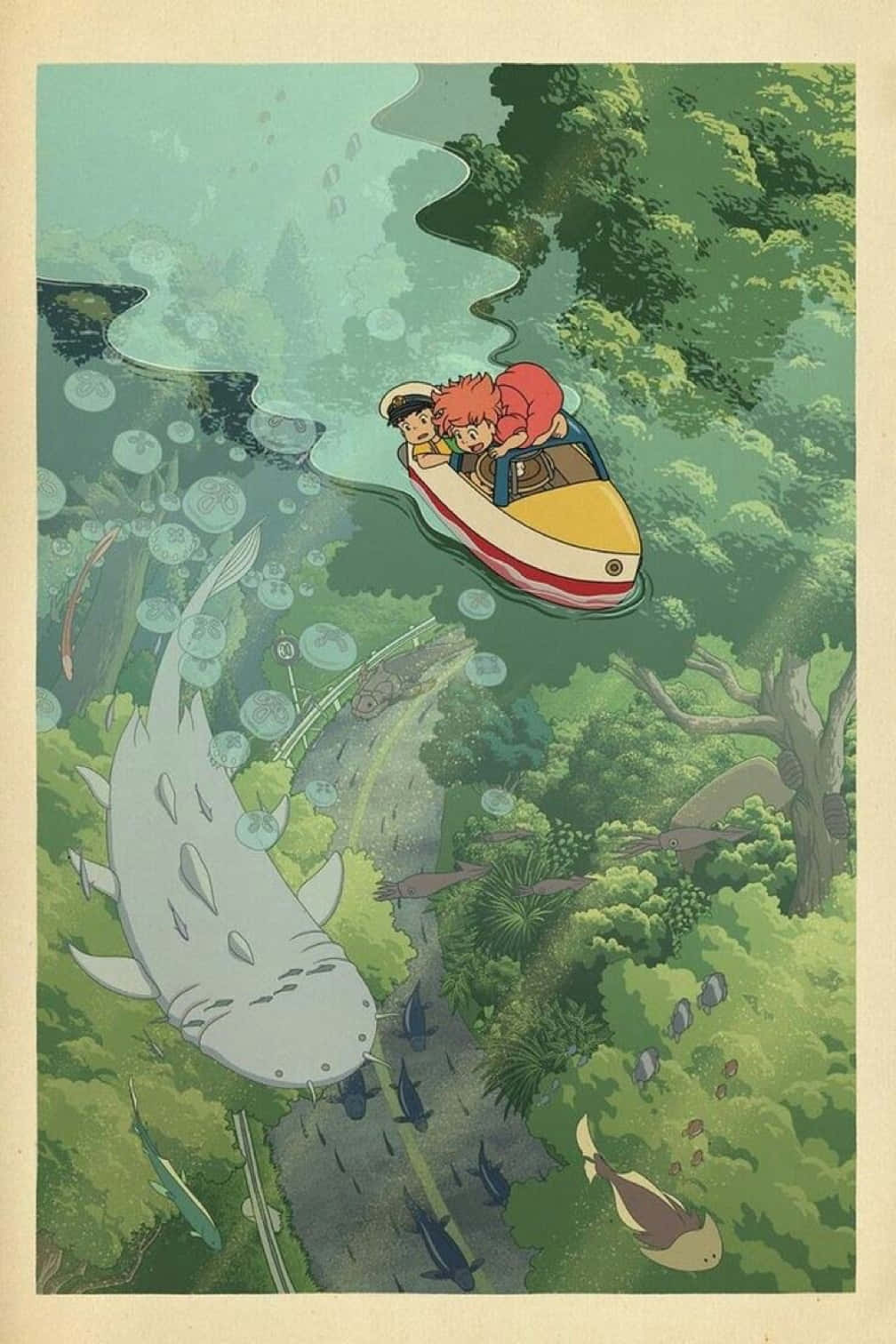 Studio Ghibli Art 桌布 壁紙 — 兩個小孩坐在小船裡，漂浮在鬱鬱蔥蔥的森林河流上，附近有一條巨大的白色鯰魚在游動。