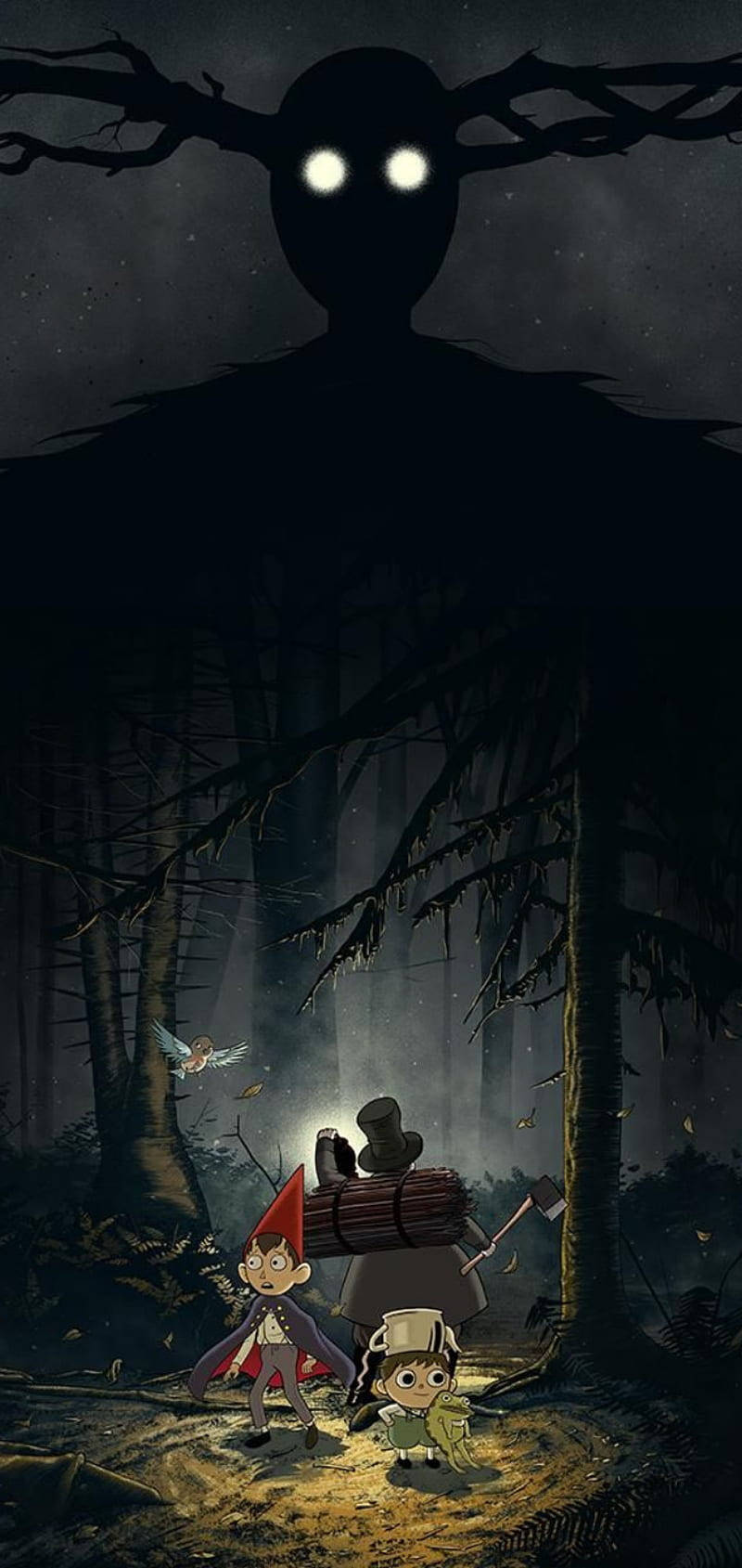 over the garden wall 桌布 壁紙 — 兩個小孩帶著一個小生物在夜晚穿過黑暗的森林，下方是一個高聳的陰影人物，眼睛發光。