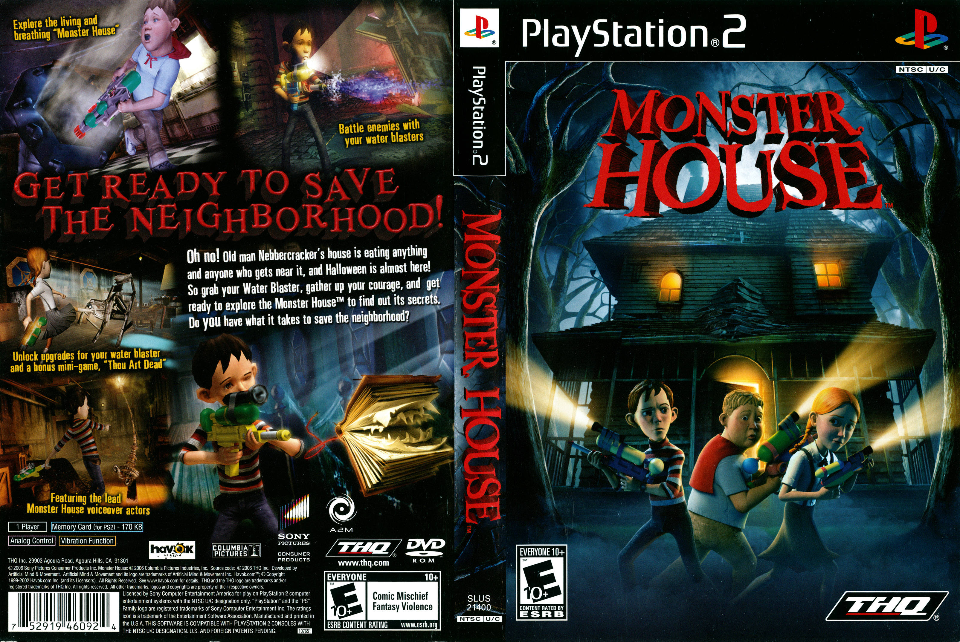 Monster House 桌布 壁紙 — 兩個小孩拿著水槍，在漆黑的夜空下，面對一間窗戶發光的恐怖鬼屋。