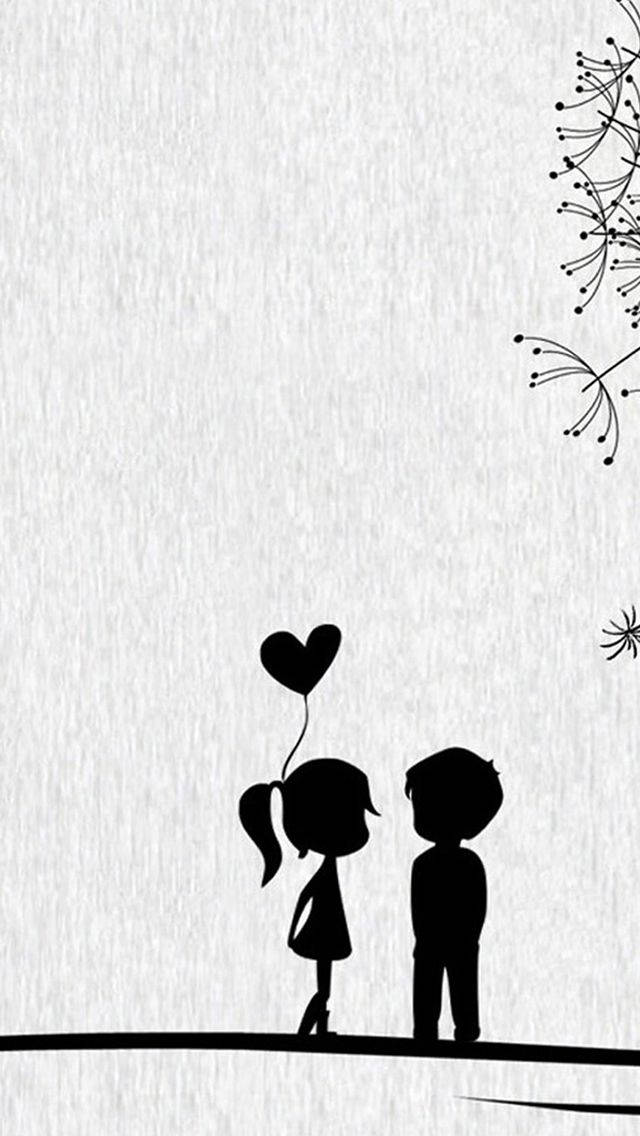 Love Cute Couple 桌布 壁紙 — 兩個小孩的剪影一起站在有紋理的白色背景前，手持一個心形氣球，周圍有蒲公英絨毛。