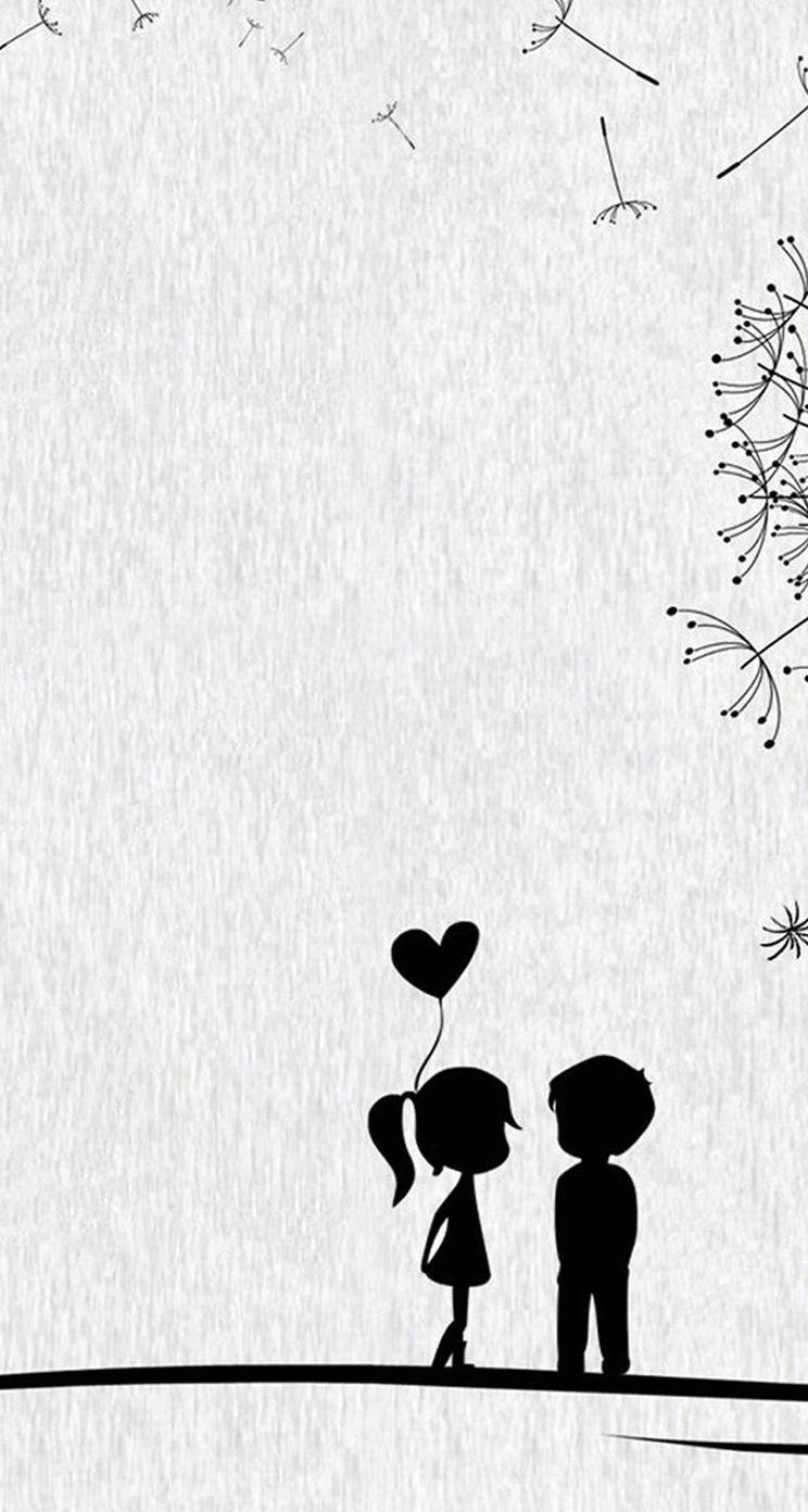 Cute Couples Cartoon 桌布 壁紙 — 兩個小孩的剪影站在一起，拿著一個心形氣球，蒲公英種子在他們上方飄浮。