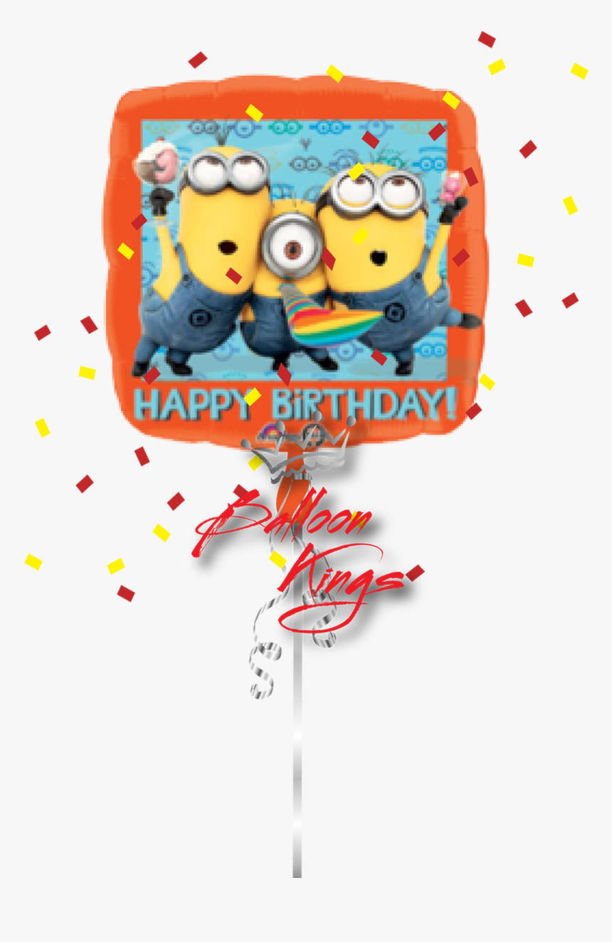 Minion Birthday 桌布 壁紙 — 兩個小小兵戴著彩虹派對帽，在一個充滿節日氣氛的橙色氣球上慶祝，周圍是色彩繽紛的紙屑。