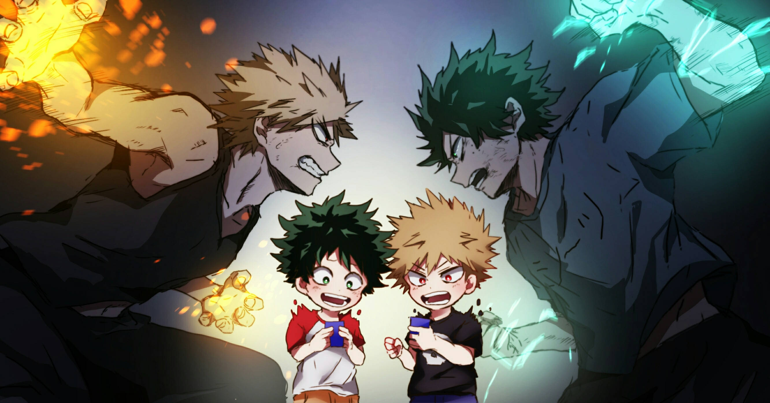 Todobakudeku 桌布 壁紙 — 兩個小男孩勇敢地站在高聳的動漫英雄之間，這些英雄在戲劇性的對抗中釋放出火焰和電力的力量。