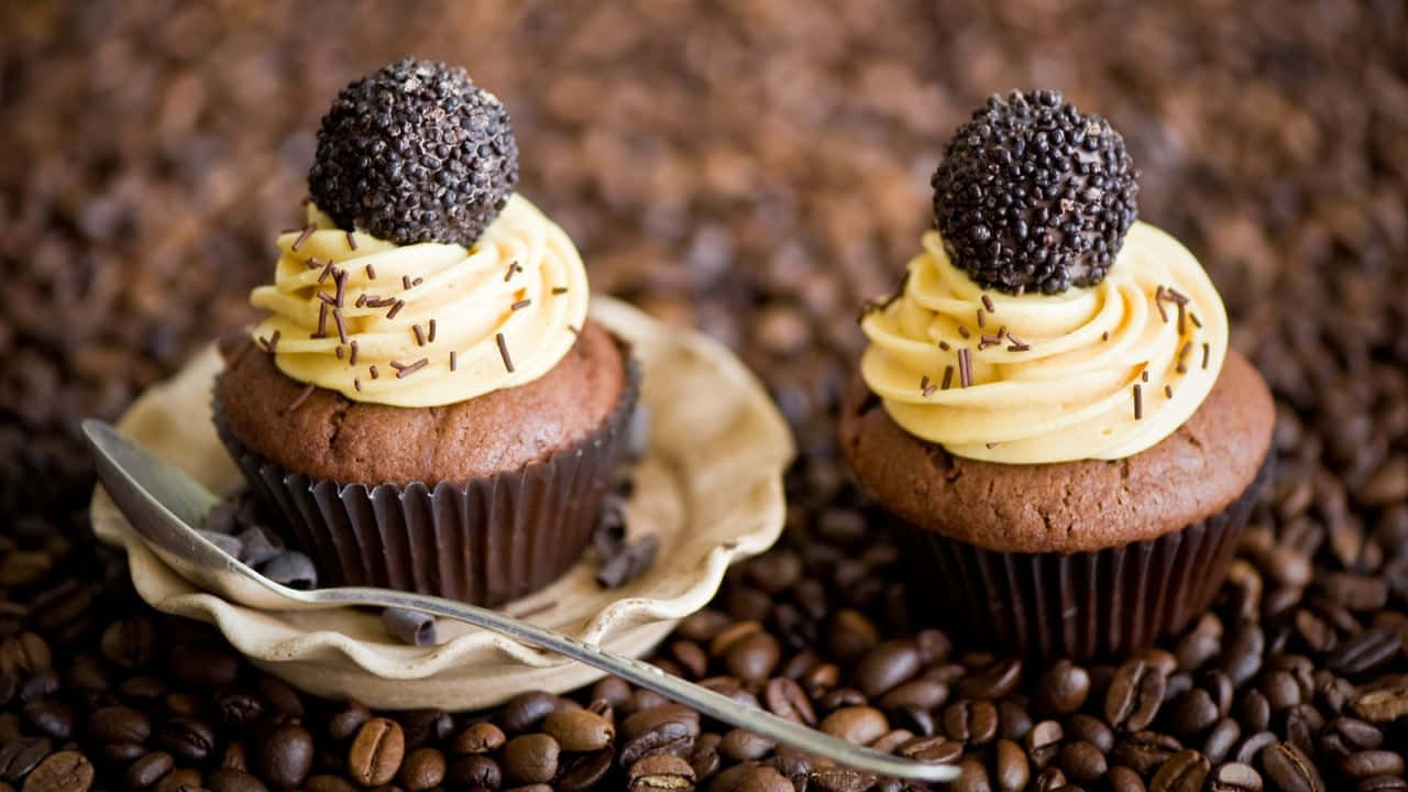 cupcakes 桌布 壁紙 — 兩個巧克力紙杯蛋糕，配上奶油糖霜和巧克力松露，放在烤咖啡豆上。