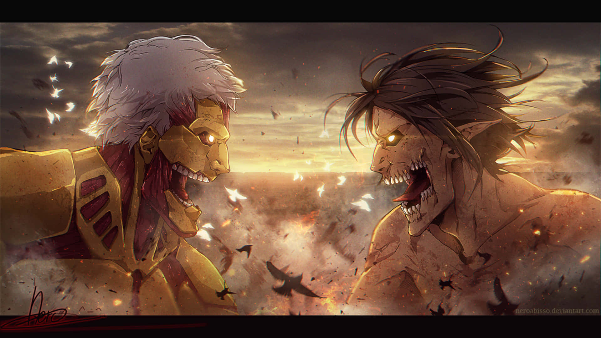 Attack On Titan Titan Eren 桌布 壁紙 — 兩個巨大的人形泰坦在火紅的日落天空下互相咆哮，鳥兒在它們之間飛翔。