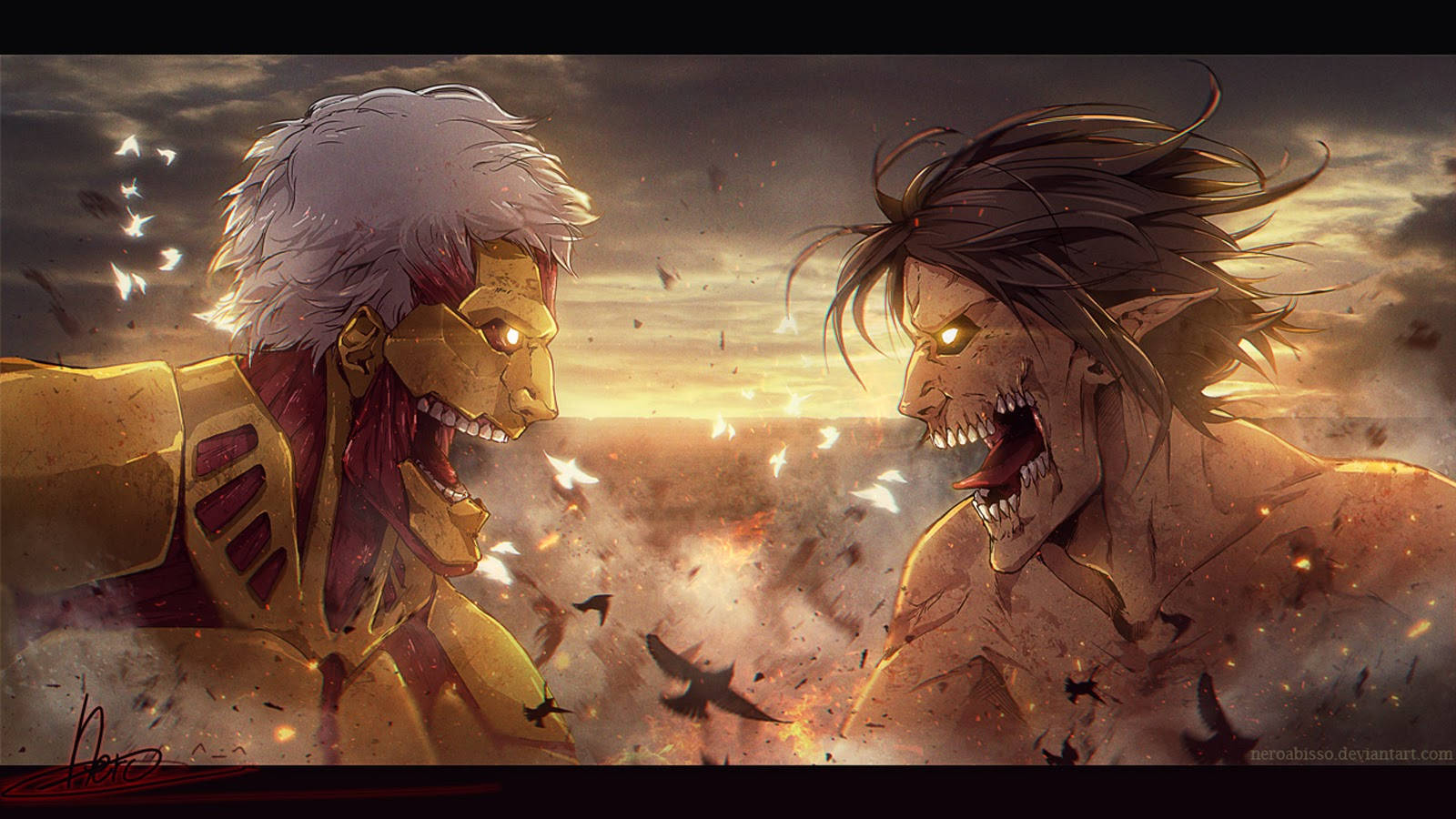 Reiner 桌布 壁紙 — 兩個巨大的人形泰坦在熾熱的日落天空下互相咆哮，鳥兒在它們之間飛翔。