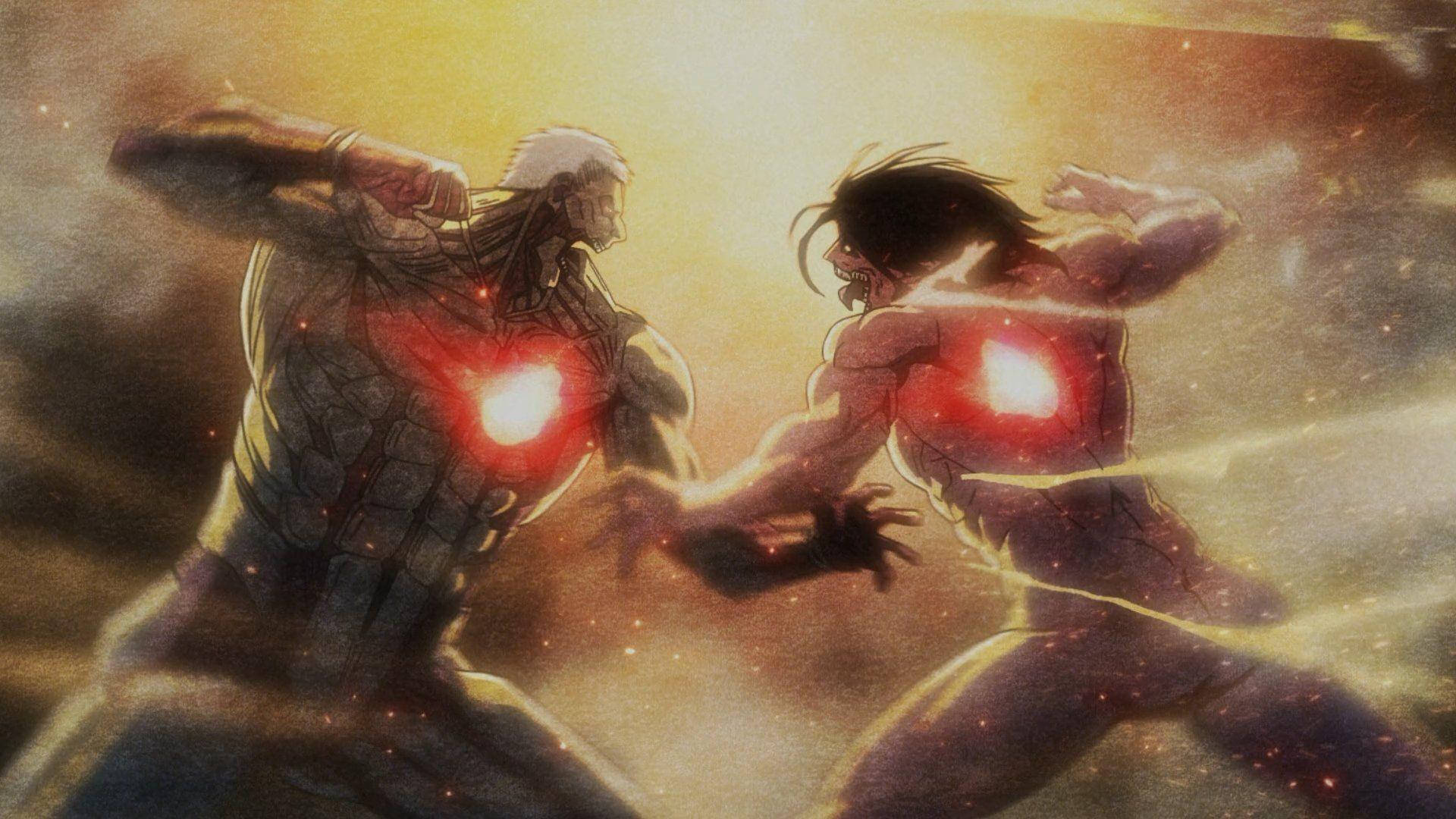 Reiner 桌布 壁紙 — 兩個巨大的人形泰坦在熾熱的金色光芒中碰撞，胸口有發光的紅色核心在脈動。