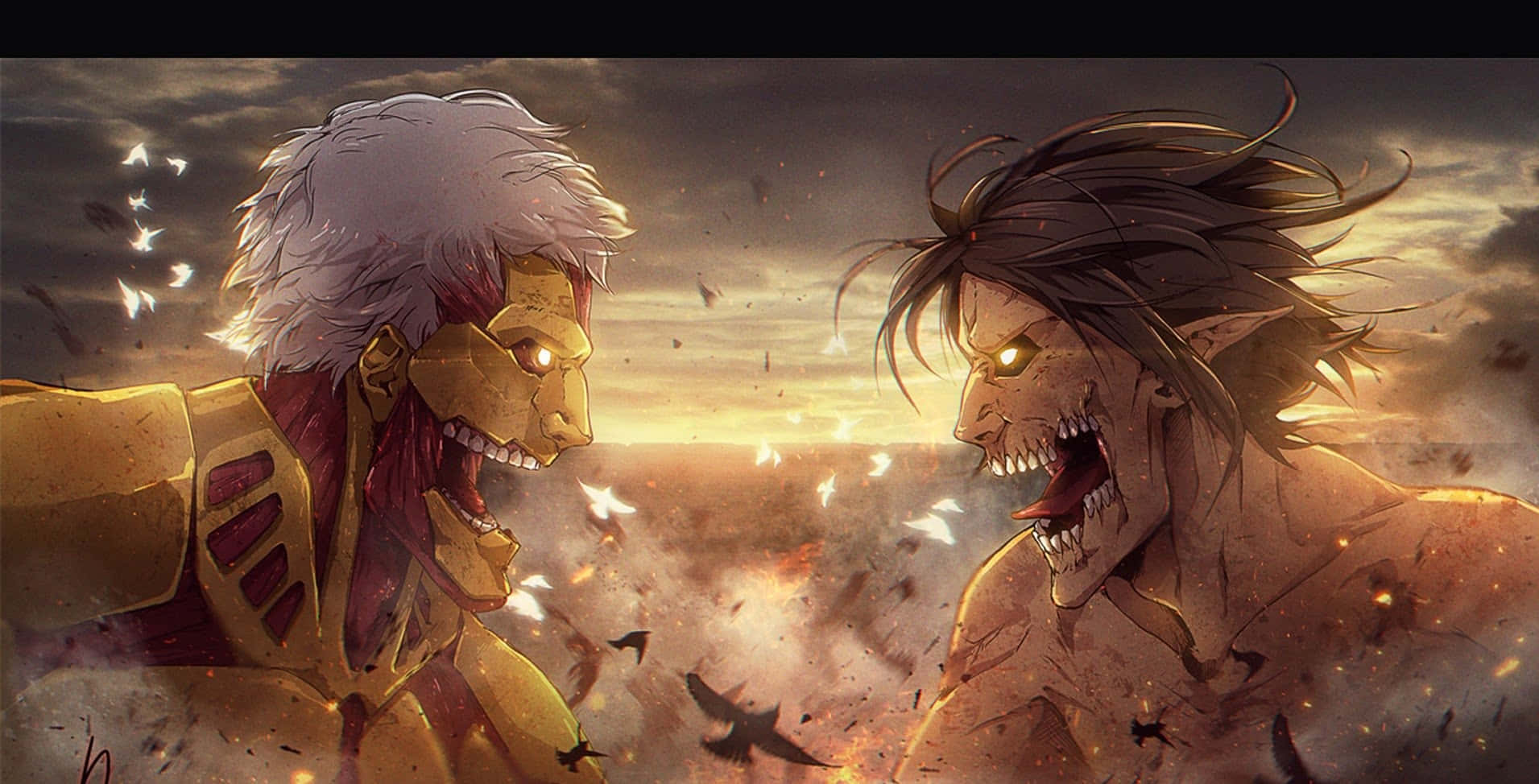 Attack On Titan The Final Season 桌布 壁紙 — 兩個巨大的人形泰坦在鳥兒飛翔的熾熱日落天空下互相咆哮。