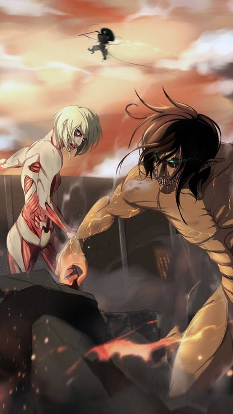 Attack On Titan iPhone 桌布 壁紙 — 兩個巨大的人形身影在熾熱的夕陽天空中碰撞，第三個身影用繩索飛越頭頂。