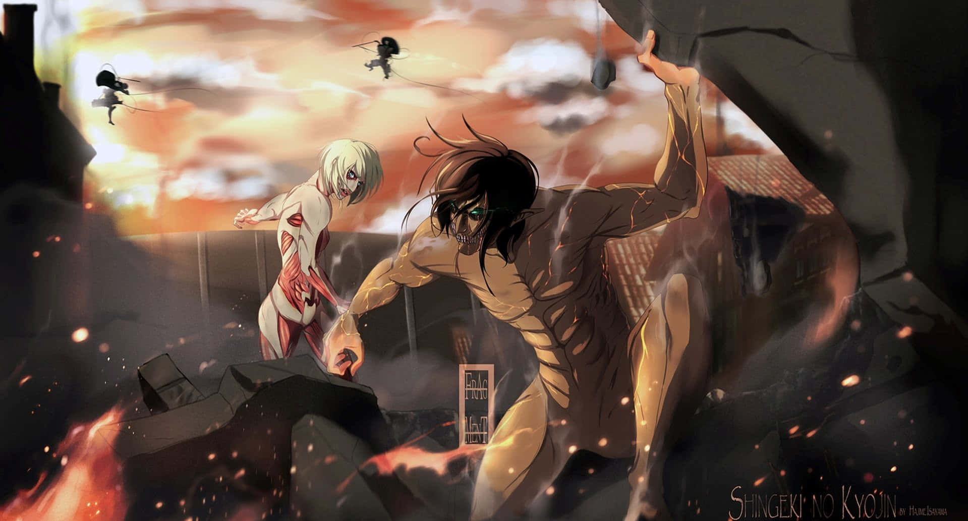 Female Titan 桌布 壁紙 — 兩個巨大的人形身影在熾熱的碎片中碰撞，背景是戲劇性的日落天空，上方有漂浮的身影。