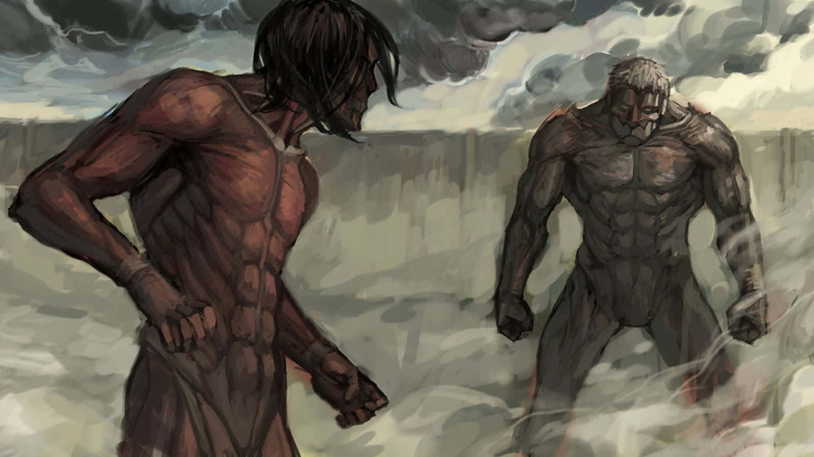 Armored Titan 桌布 壁紙 — 兩個巨大的人形身影站在風暴肆虐、荒涼的景觀中，以緊張的姿態面對彼此。