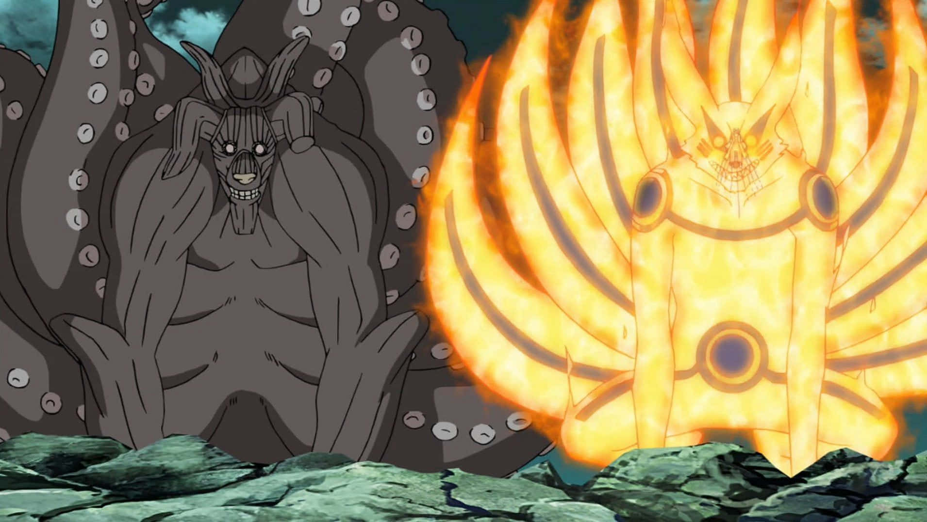 Tailed Beasts 桌布 壁紙 — 兩個巨大的動畫反派碰撞——一個灰色帶角和鎖鏈，另一個燃燒著火橙色查克拉翅膀。